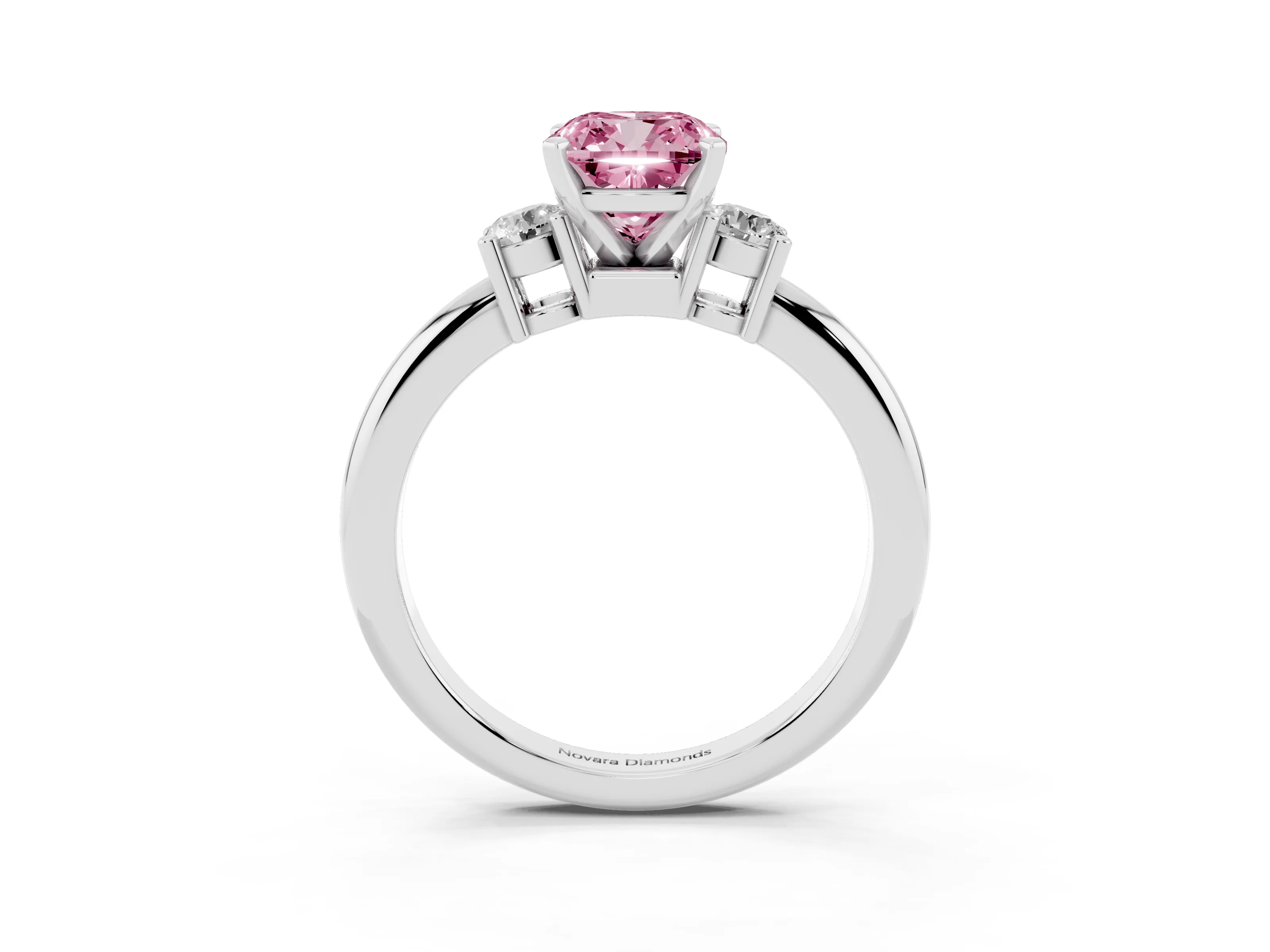 Fancy Pink Three-Stone Cushion Cut Diamond Ring Set in Platinum with Prong Setting and Plain Band