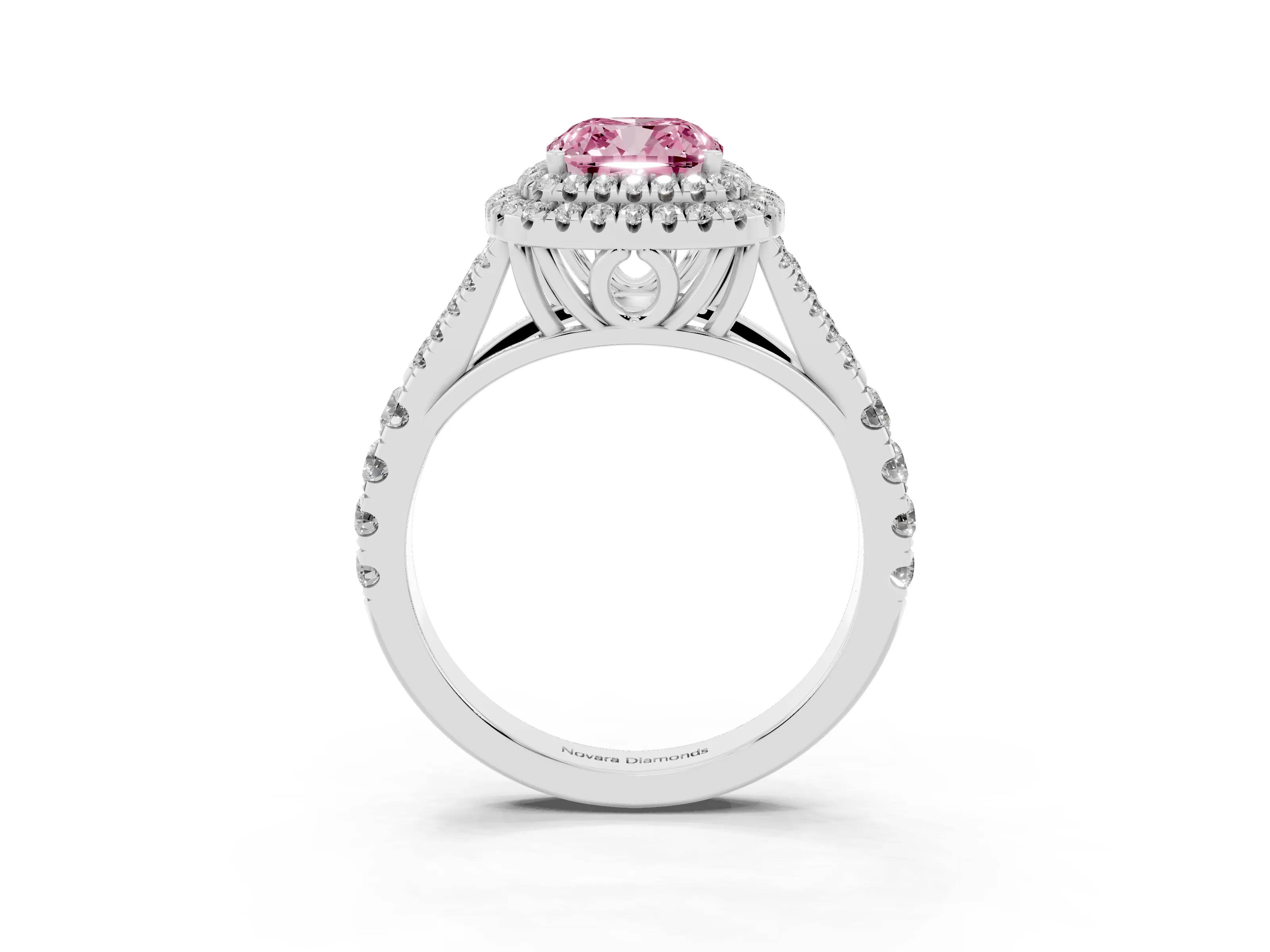 Fancy Pink Cushion Cut Diamond Pavé Split Shank Double Halo Engagement Ring Set in White gold