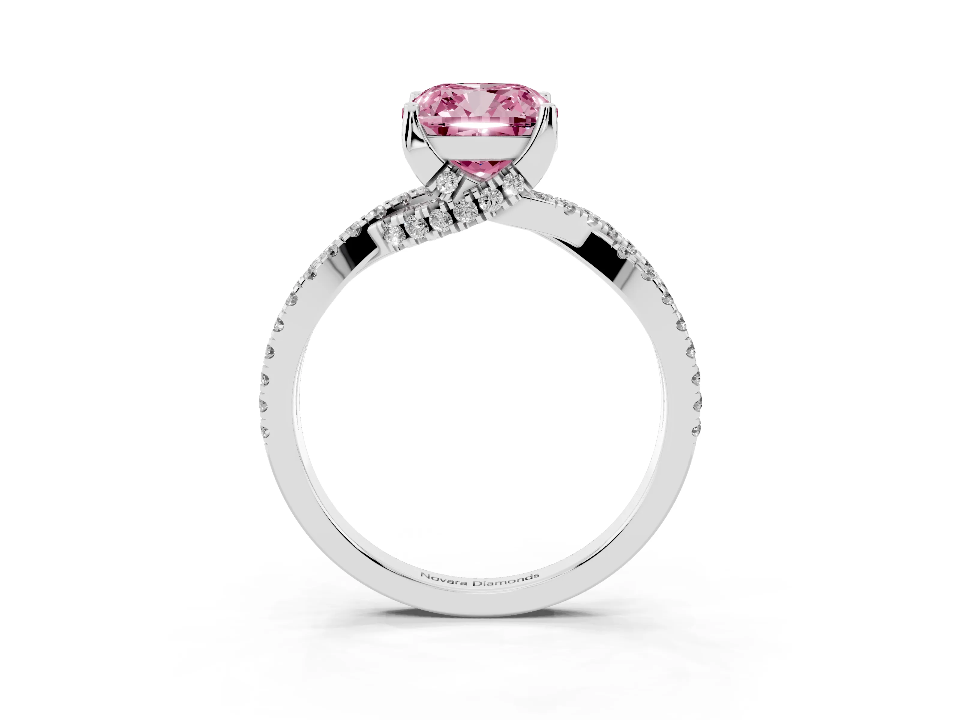 Fancy Pink Cushion Cut Diamond Twist Pavé Solitaire Engagement Ring Set in White gold with Prong Setting