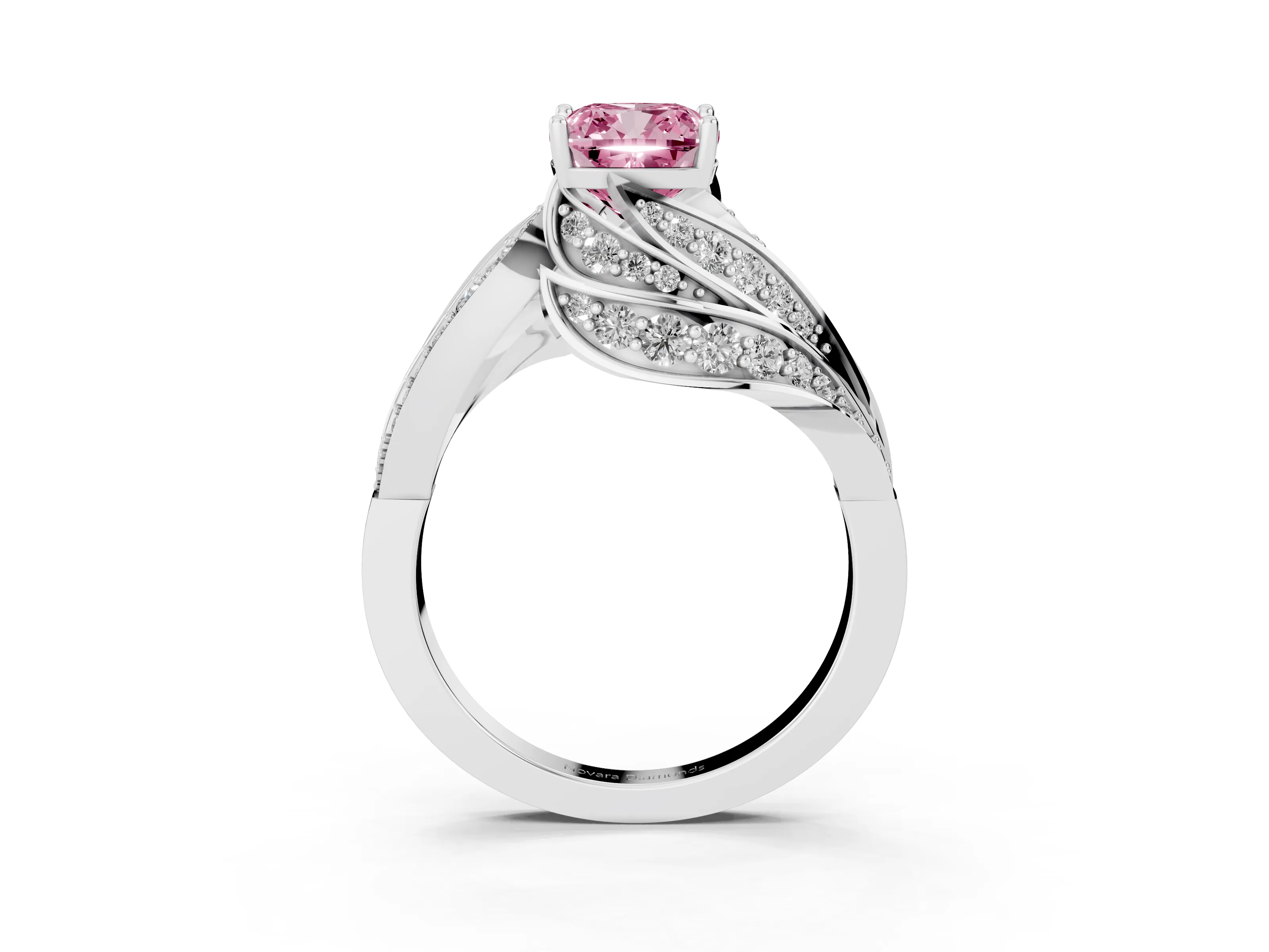 Fancy Pink Cushion Cut Diamond Solitaire Ring Set in White gold with Layered Twist Pavé Band