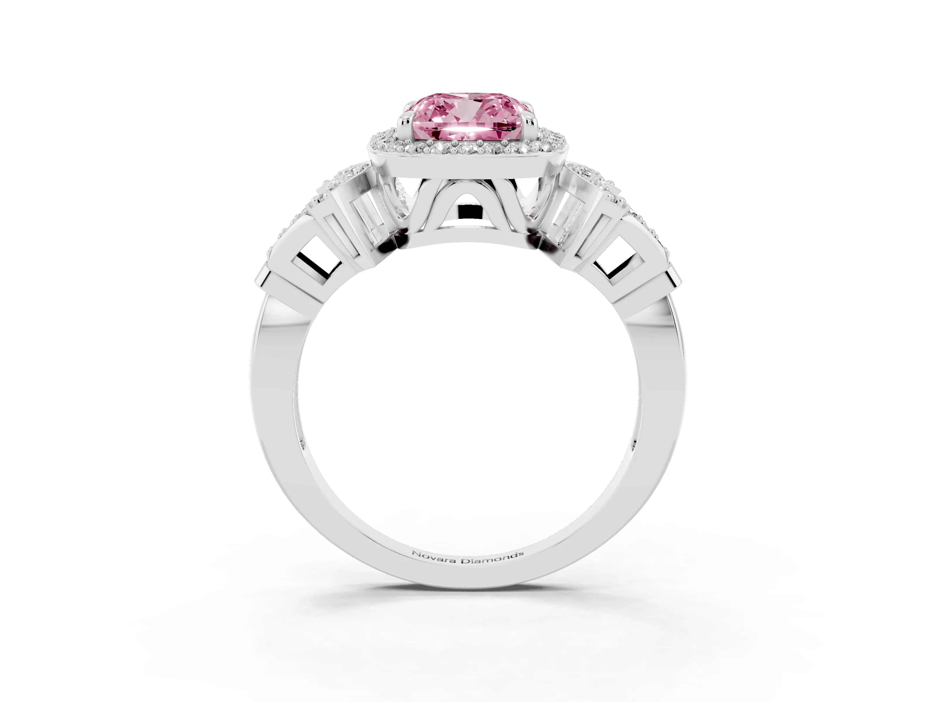 Fancy Pink Cushion Cut Diamond Halo Engagement Ring Set in Platinum with Accent Stone Split Shank