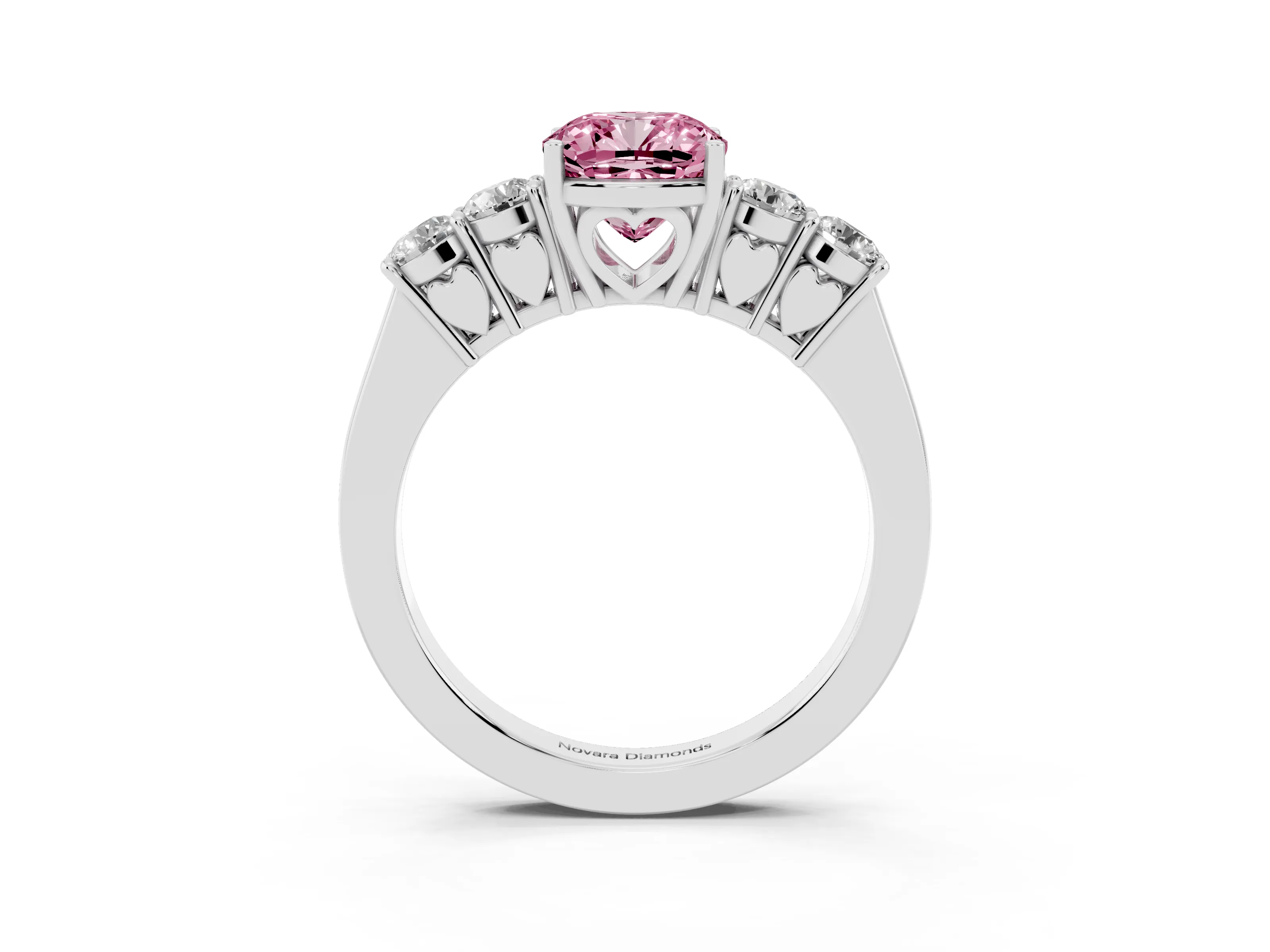 Fancy Pink Cushion Cut Diamond Five-Stone Prong Set Band Ring Set in White gold with Polished Band