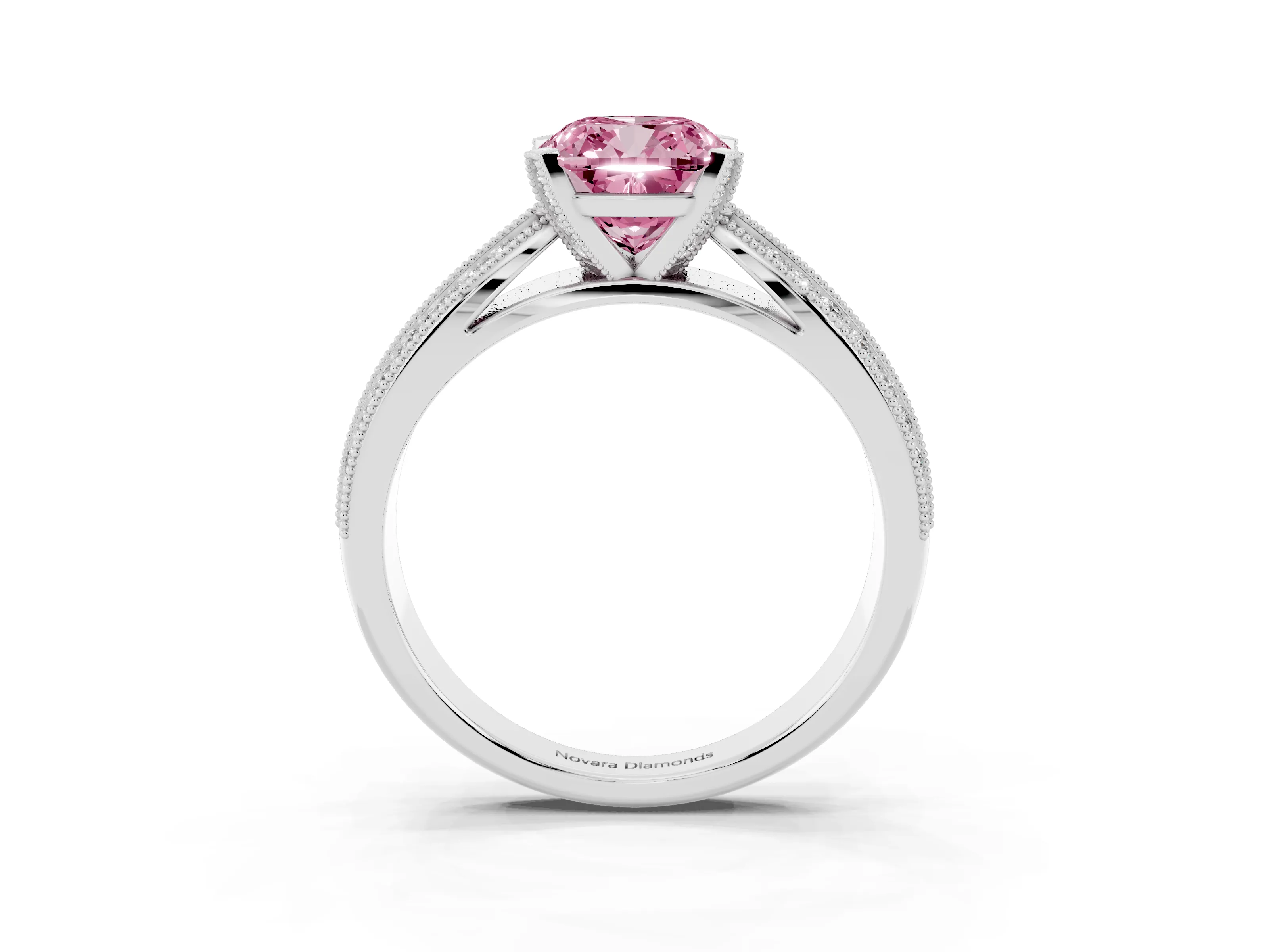 Fancy Pink Cushion Cut Diamond Solitaire Ring Set in Platinum with Milgrain Double Row Round Pavé Band