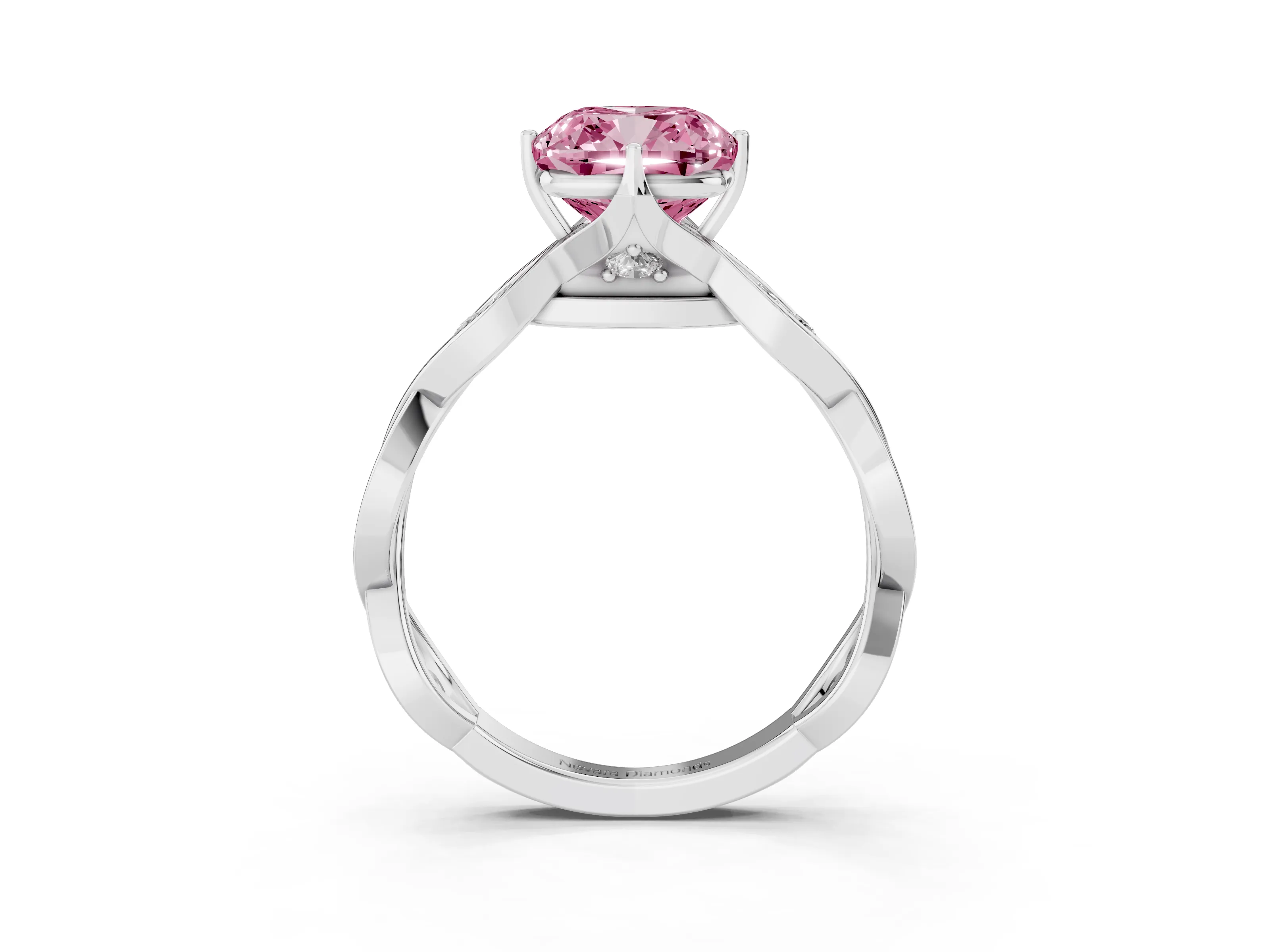 Fancy Pink Cushion Cut Diamond Twist Band Solitaire Ring Set in Platinum with Leaf Prong Setting and Accent Stones