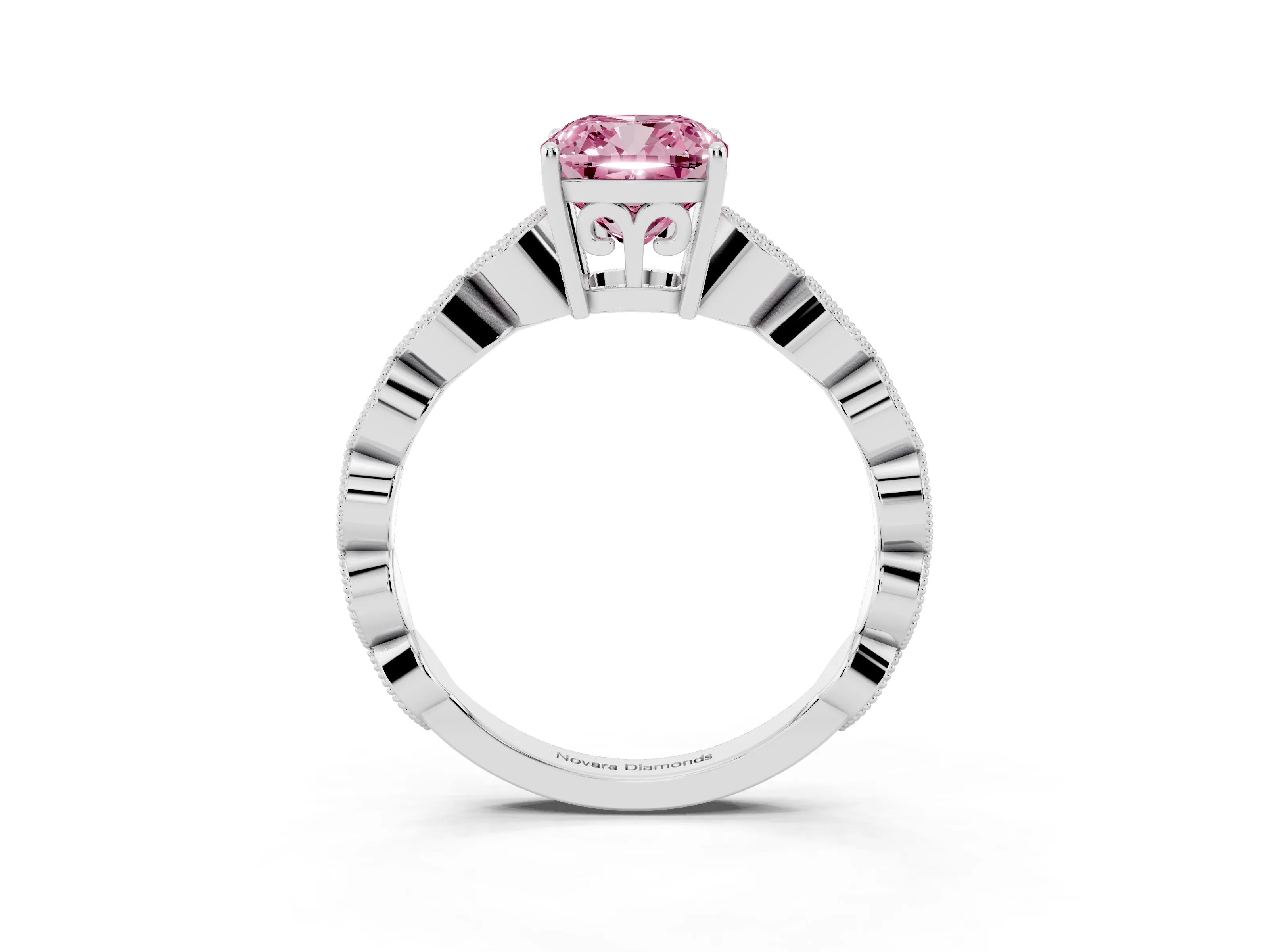 Fancy Pink Cushion Cut Diamond Solitaire Ring Set in Silver with Infinity Twist Pavé Band