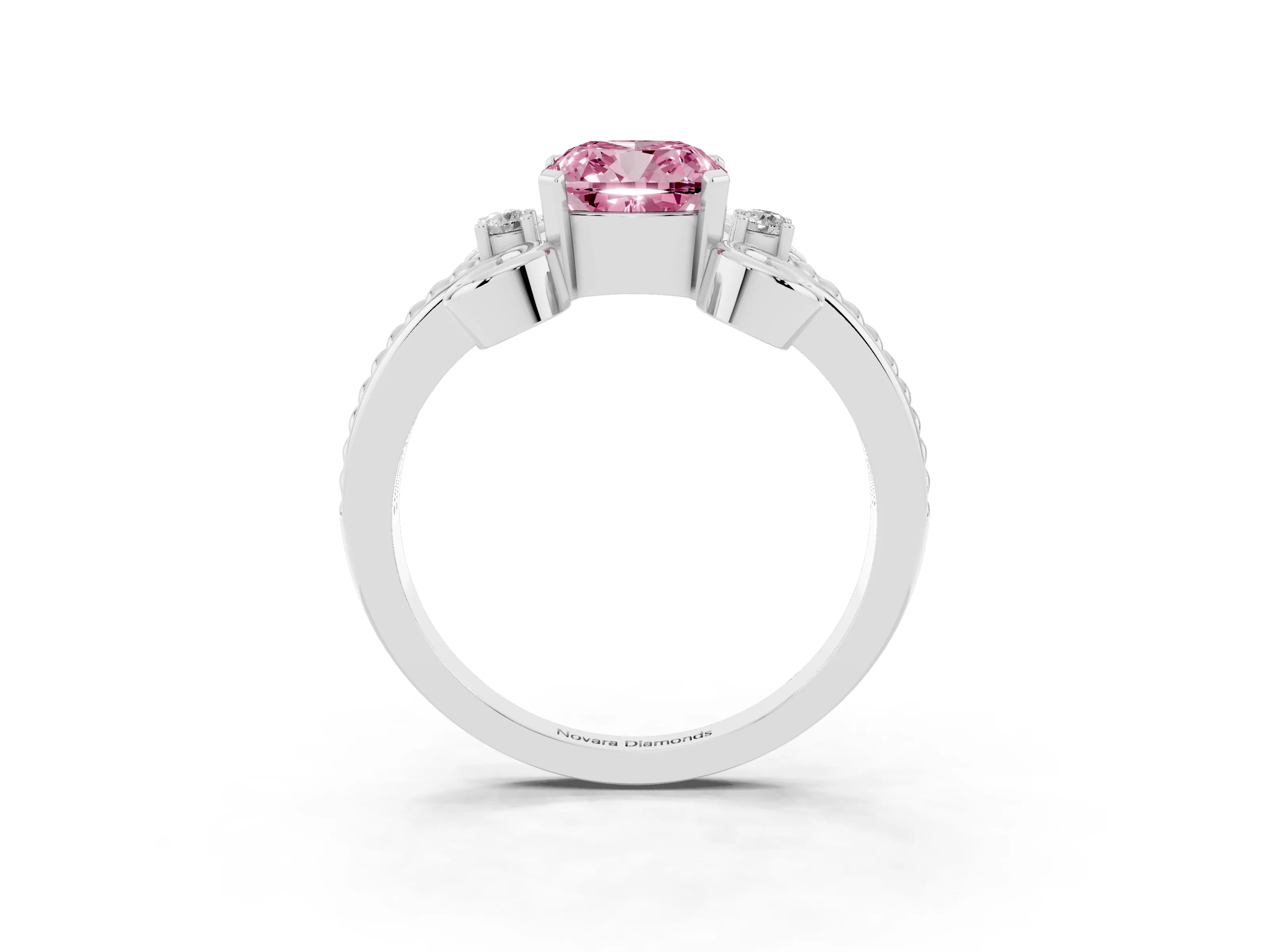 Fancy Pink Cushion Cut Diamond Twisted Band Solitaire Ring Set in White gold with Scroll Prongs