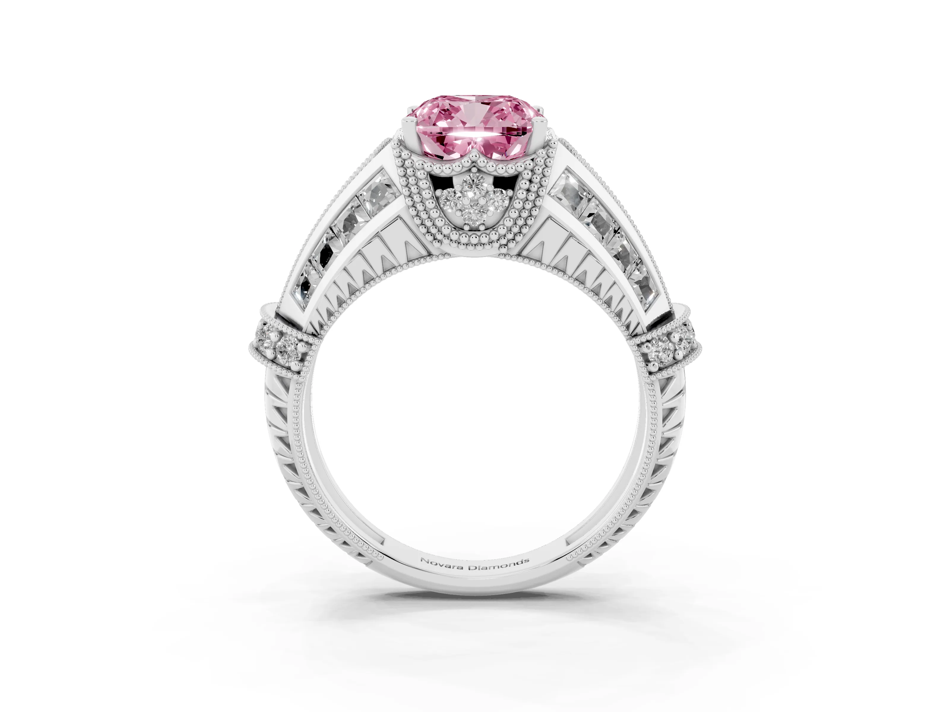 Fancy Pink Cushion Cut Diamond Vintage-Inspired Milgrain Ring Set in Silver with Accent Split Shank