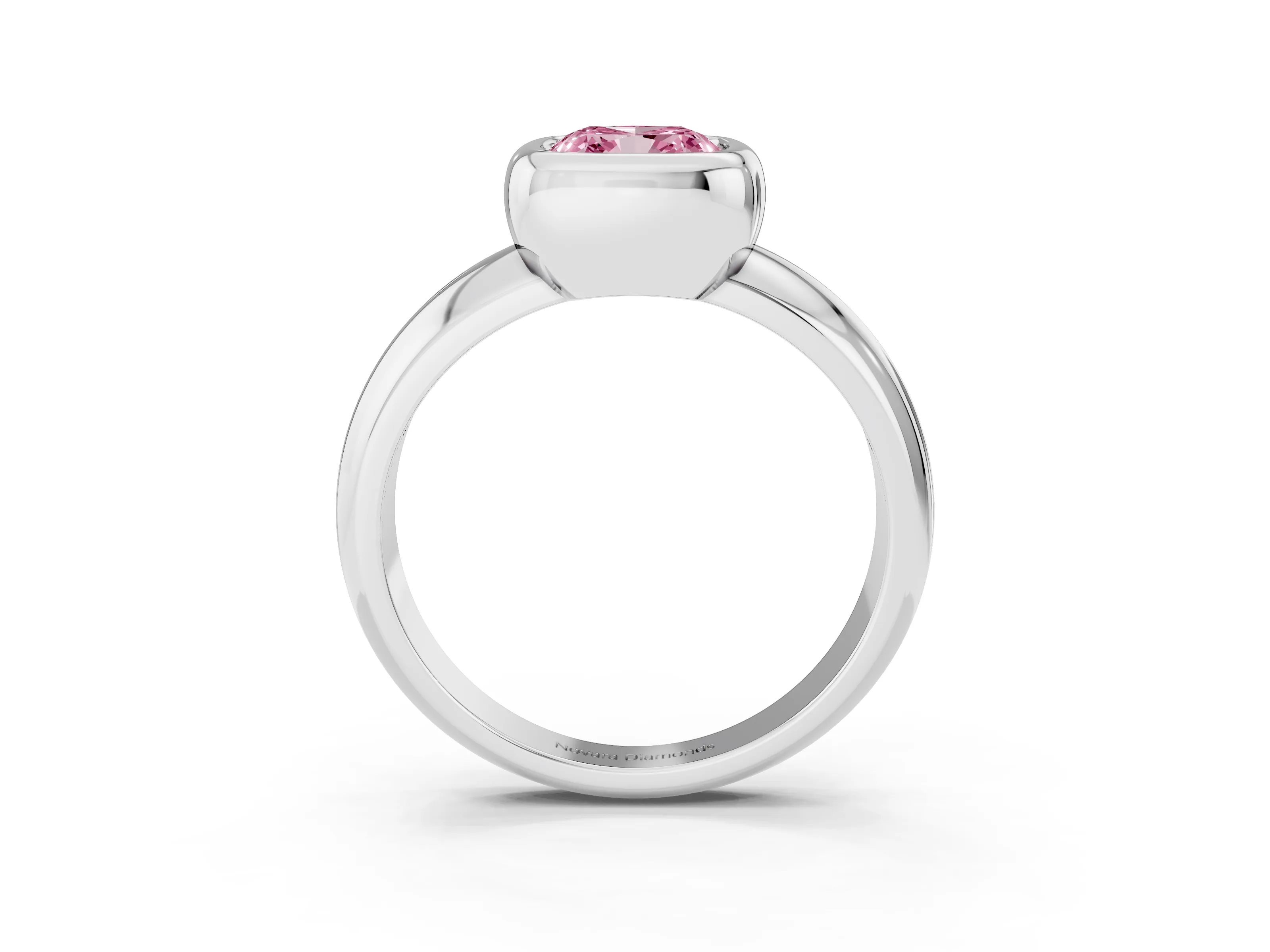Fancy Pink Bezel Set Cushion Cut Diamond Solitaire Ring Set in Silver with Wide Band
