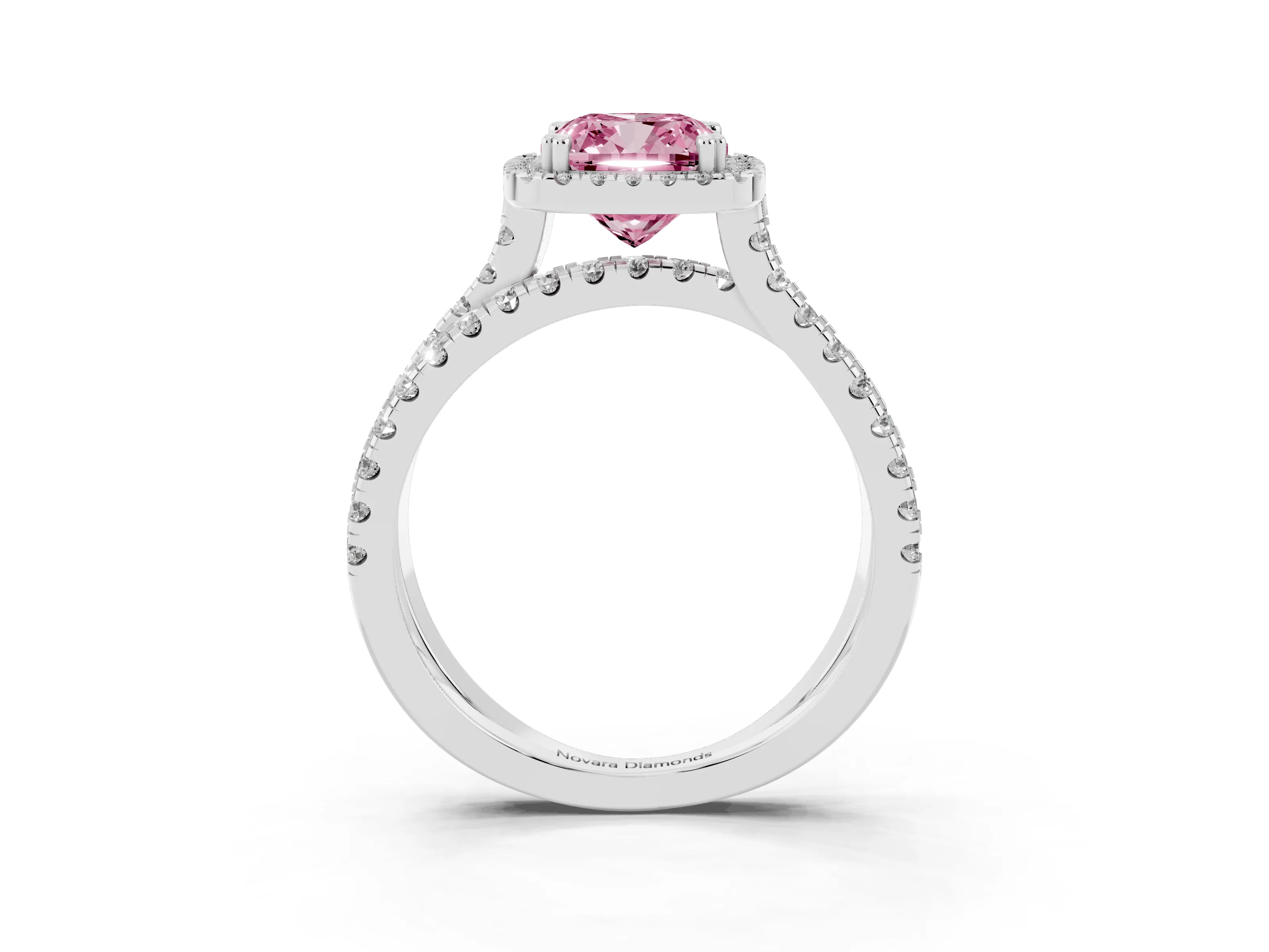 Fancy Pink Cushion Cut Diamond Halo Split Shank Ring Set in Silver with Pavé Setting
