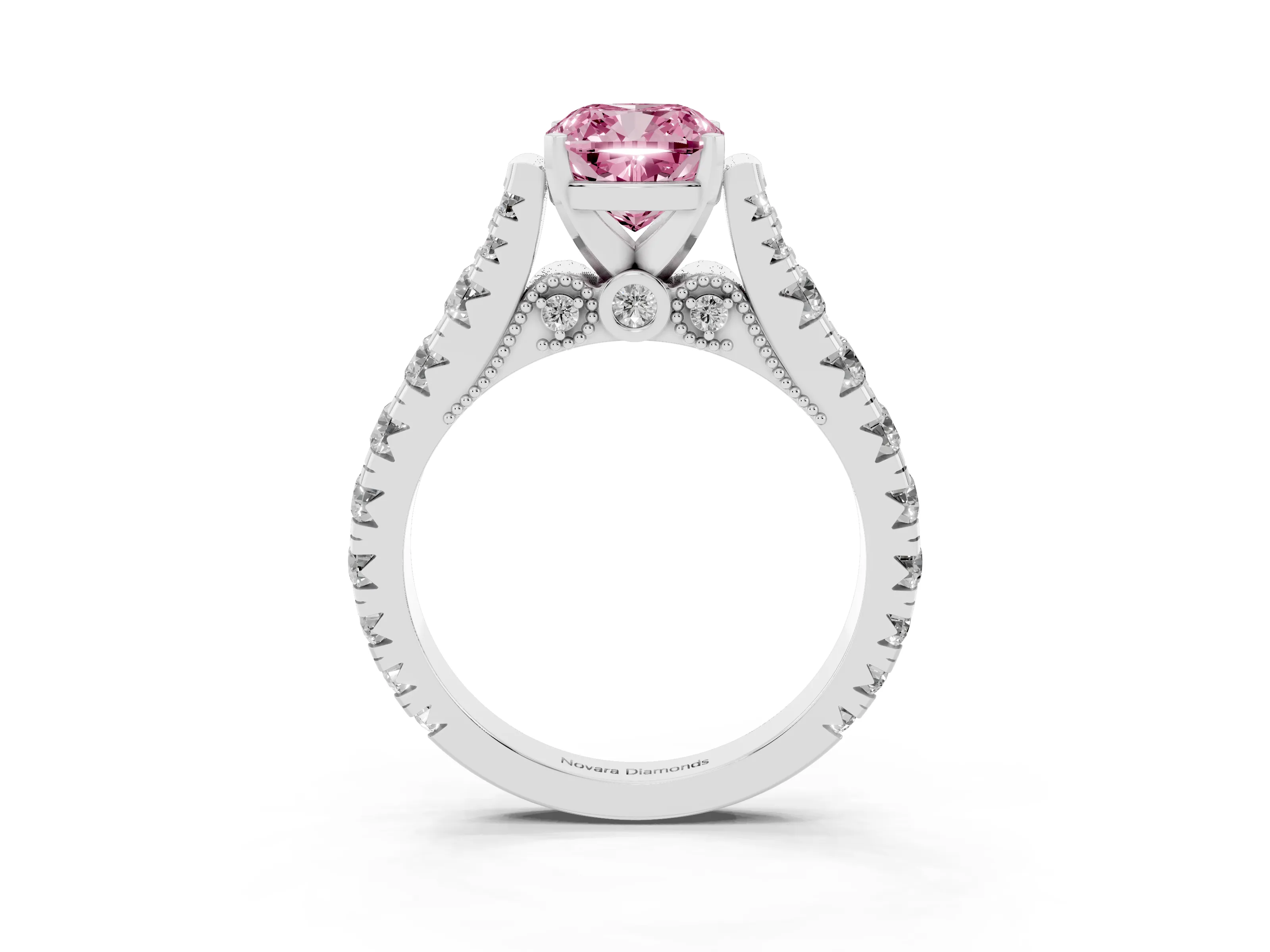 Fancy Pink Cushion Cut Diamond Classic Solitaire Ring Set in White gold with Pavé Band and Prong Setting