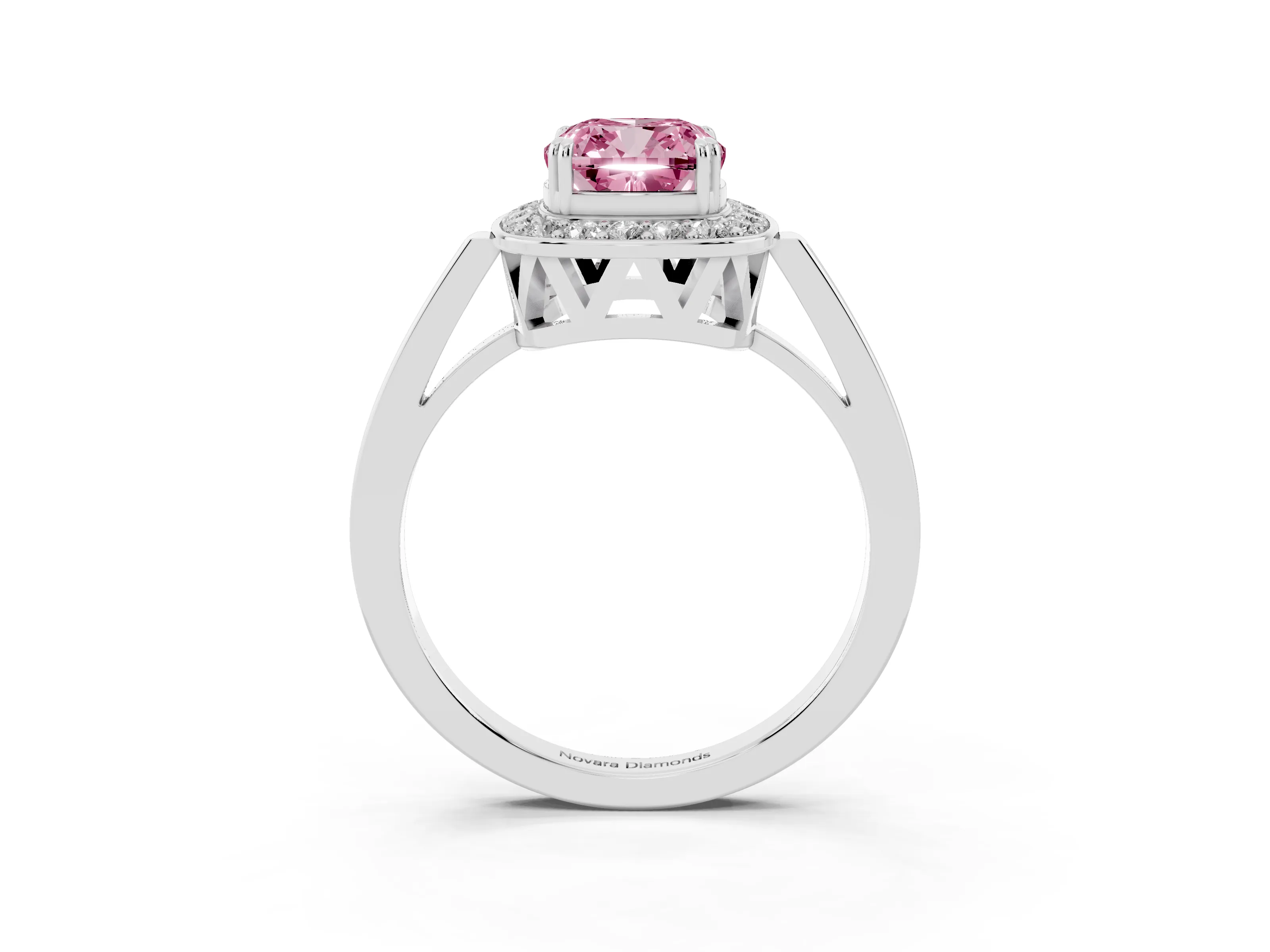 Fancy Pink Cushion Cut Diamond Halo Ring Set in Platinum with Accent-Lined Split Shank and Prong Setting