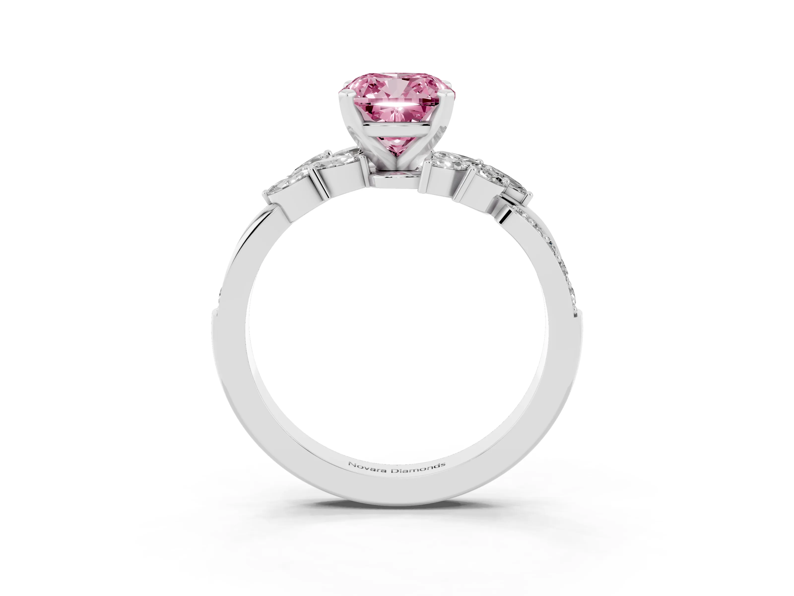 Fancy Pink Cushion Cut Diamond Solitaire Ring Set in White gold with Marquise Twist Band and Prong Setting