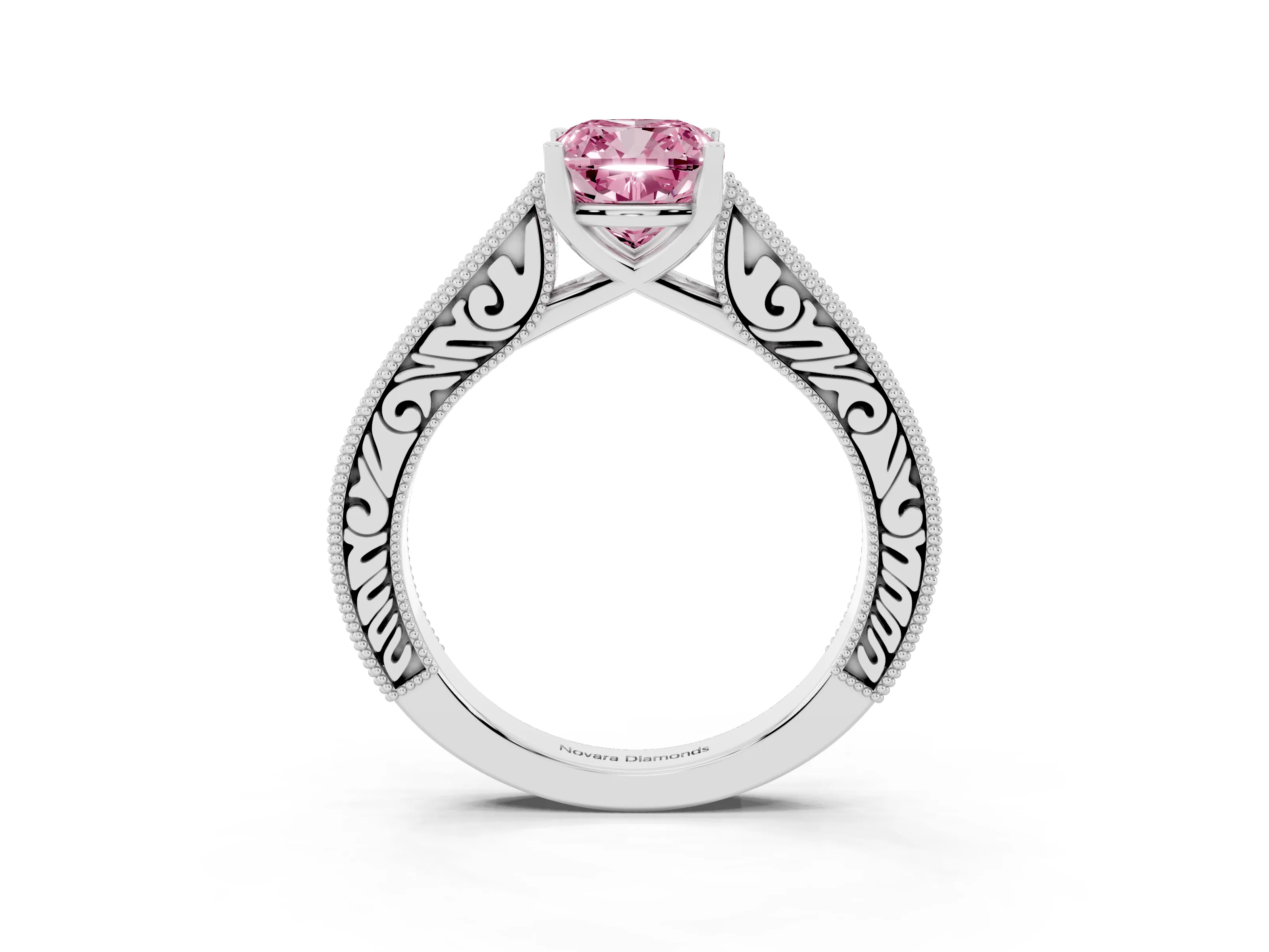 Fancy Pink Cushion Cut Diamond Milgrain Pavé Band Solitaire Ring Set in White gold with Prong Setting