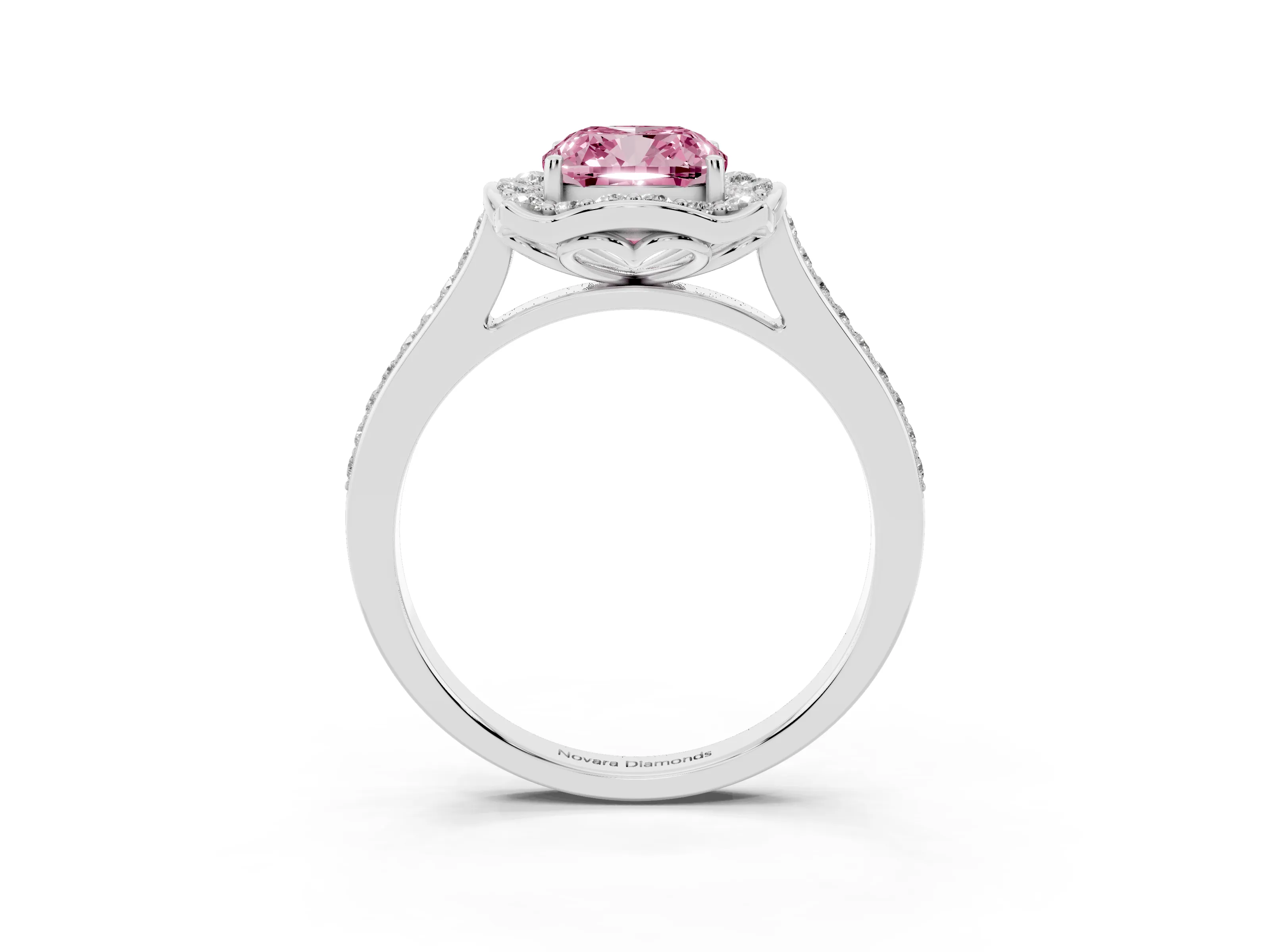 Fancy Pink Cushion Cut Diamond Halo Ring Set in White gold with Pavé-Lined Shoulders and Prong Setting