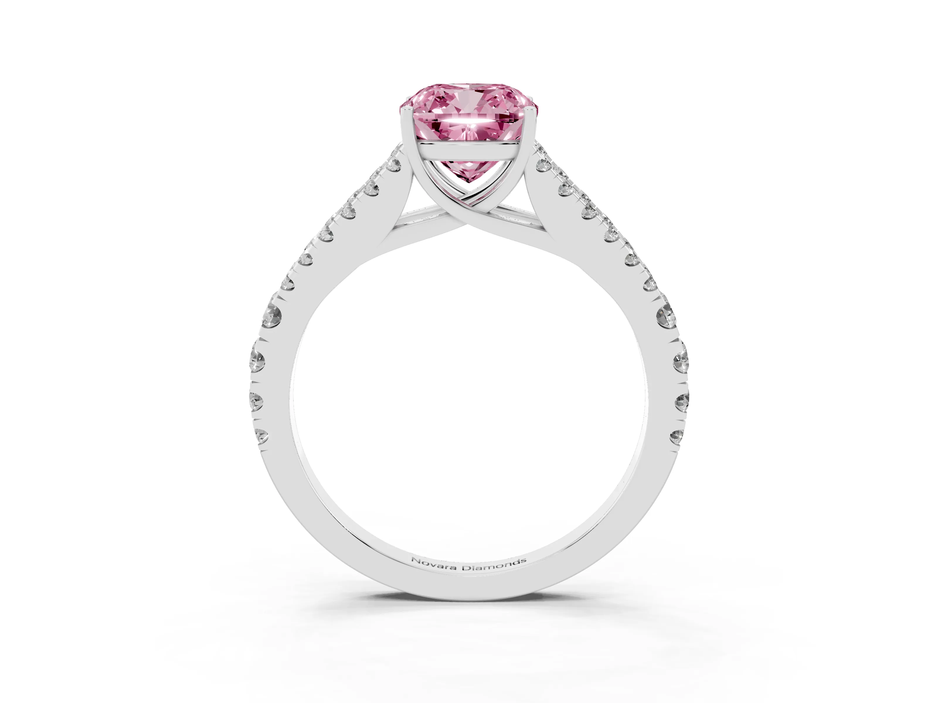 Fancy Pink Cushion Cut Diamond Split Shank Pavé Engagement Ring Set in Platinum with Prong-Held Center Stone