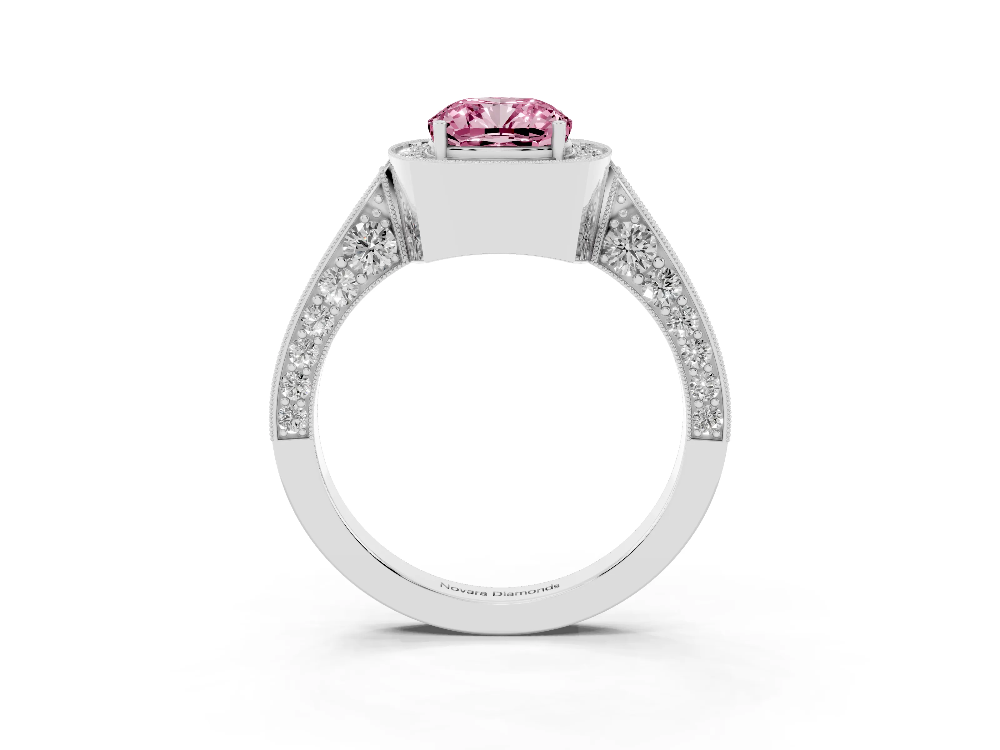 Fancy Pink Cushion Cut Diamond Halo Engagement Ring Set in Silver with Accent Split Shank Band