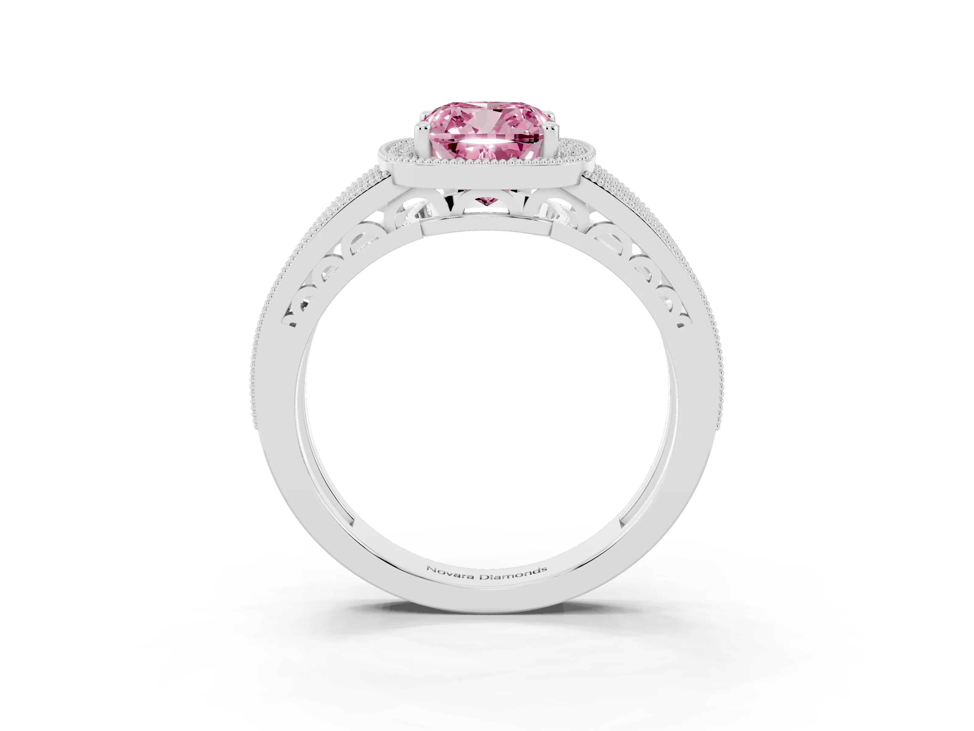 Fancy Pink Cushion Cut Diamond Halo Ring Set in Silver with Accent Split Shank and Prong Setting
