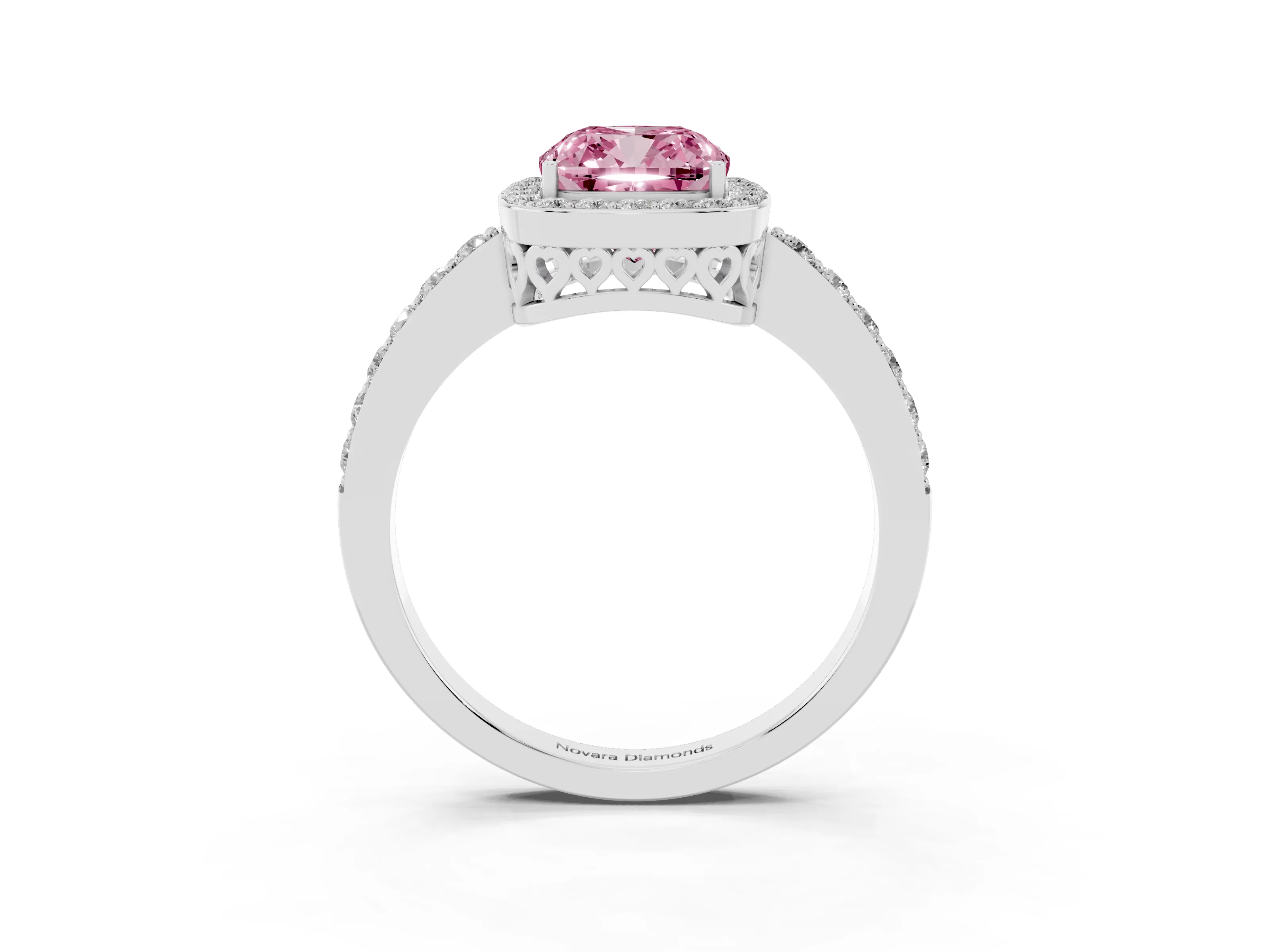 Fancy Pink Cushion Cut Diamond Halo Ring Set in White gold with Pavé-Setting Band and Open Prong Center