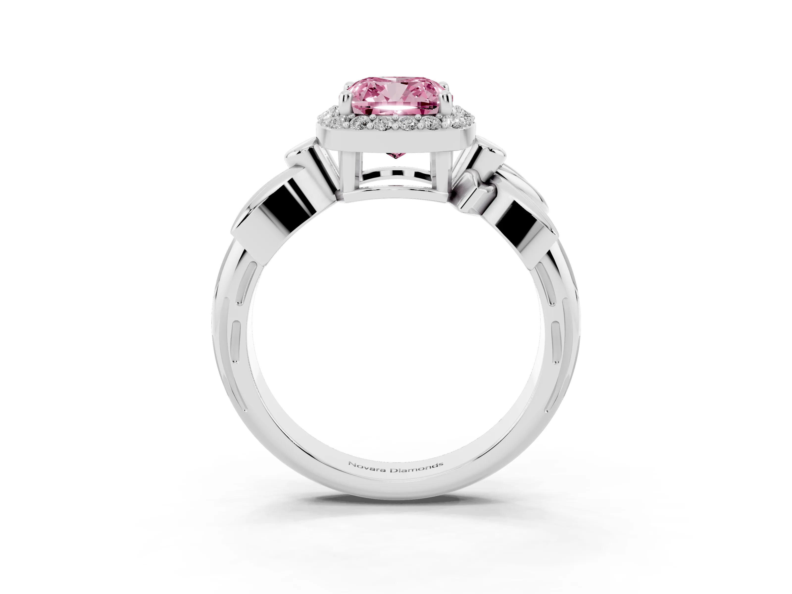 Fancy Pink Cushion Cut Diamond Halo Floral Band Ring Set in Platinum with Prong Setting