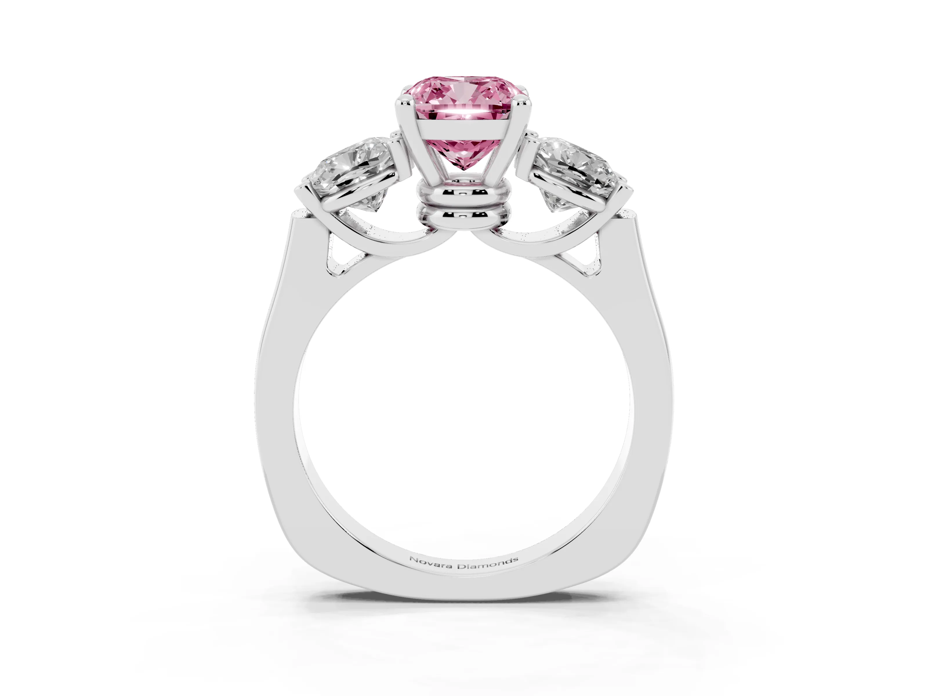 Fancy Pink Cushion Cut Diamond Three-Stone Trellis Ring Set in Platinum with Comfort Fit Band