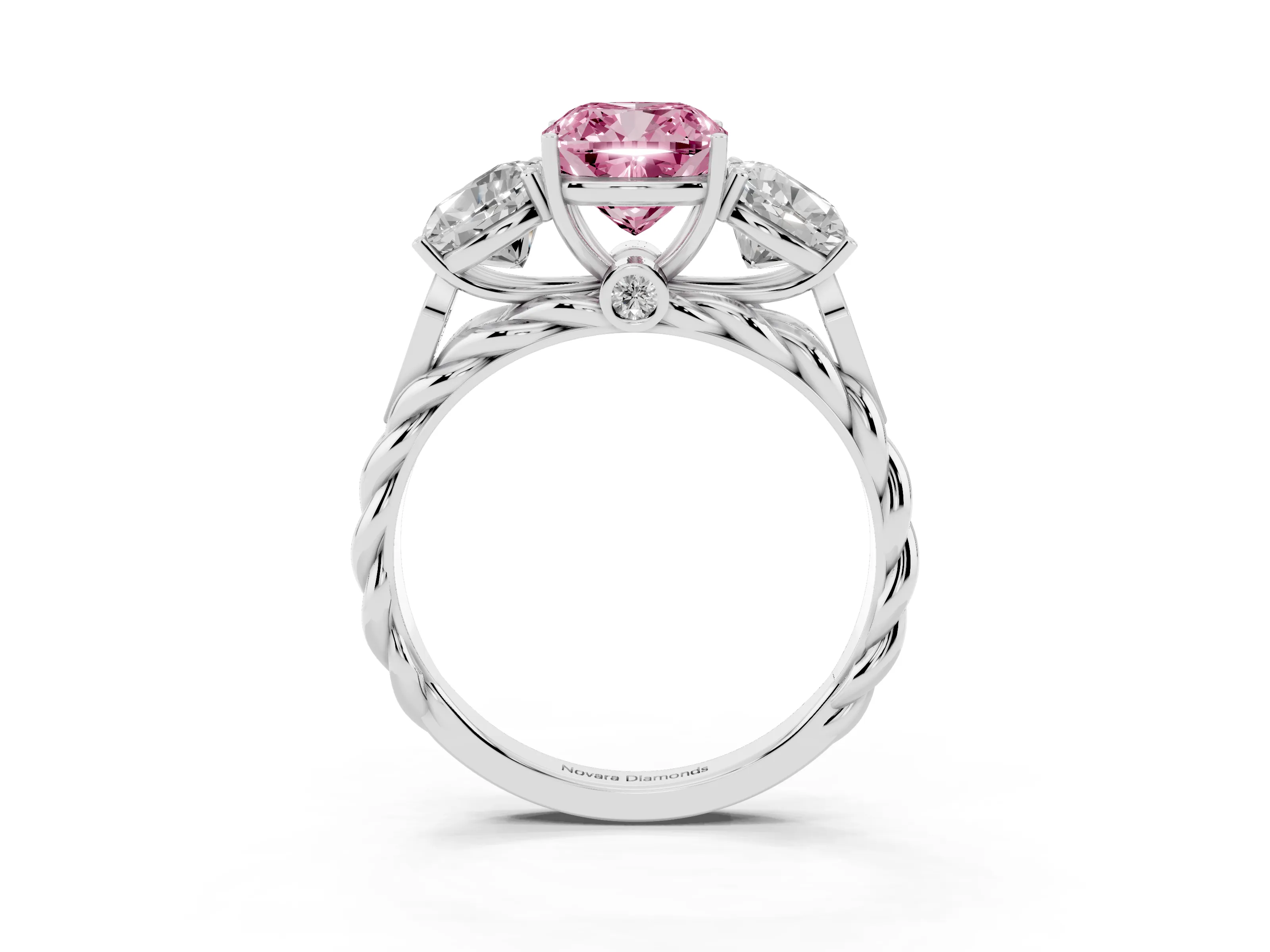 Fancy Pink Cushion Cut Diamond Three-Stone Ring Set in Platinum with Braided Band