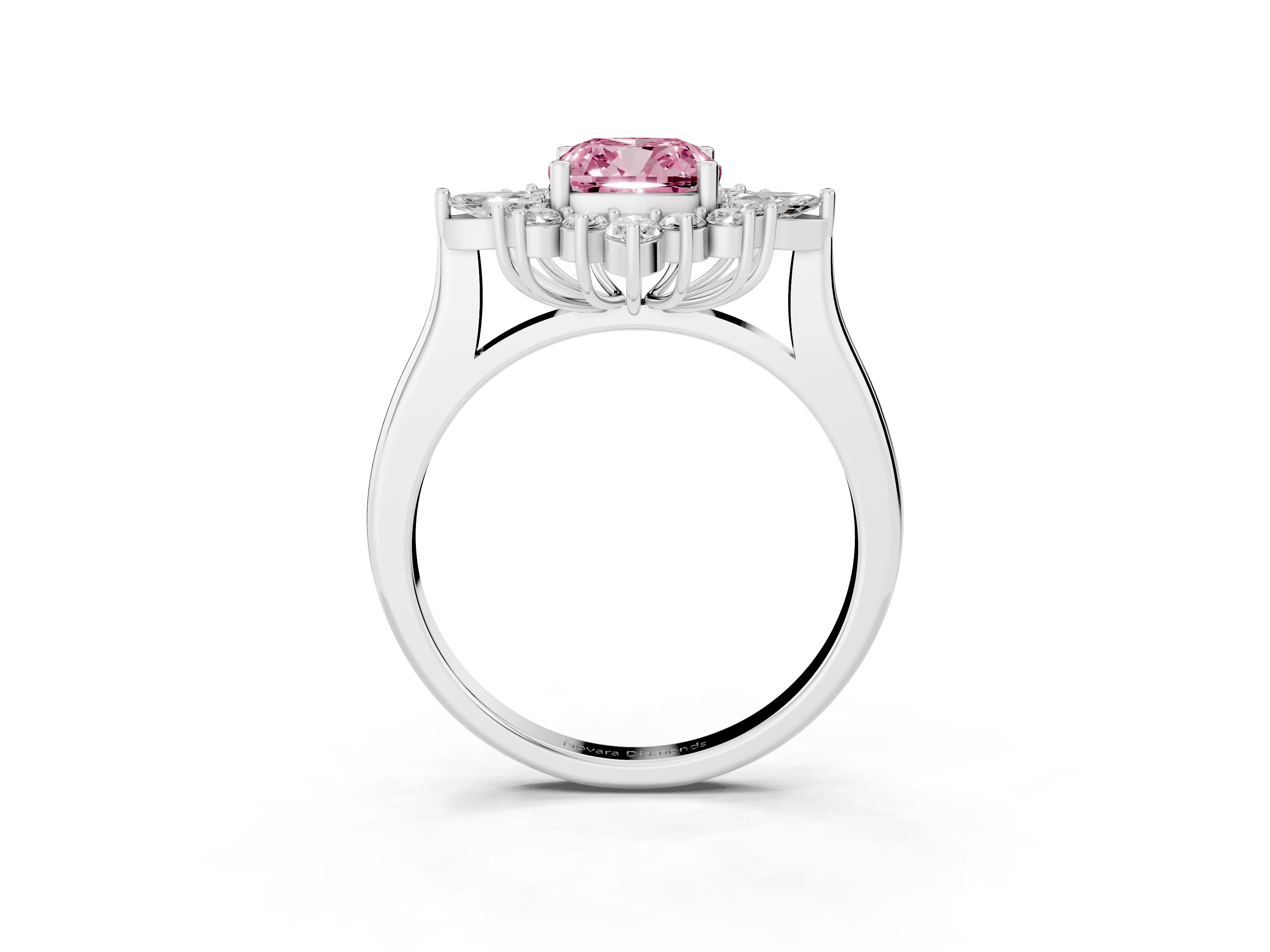 Fancy Pink Cushion Cut Diamond Cluster Halo Ring Set in White gold with Marquise and Round Accents