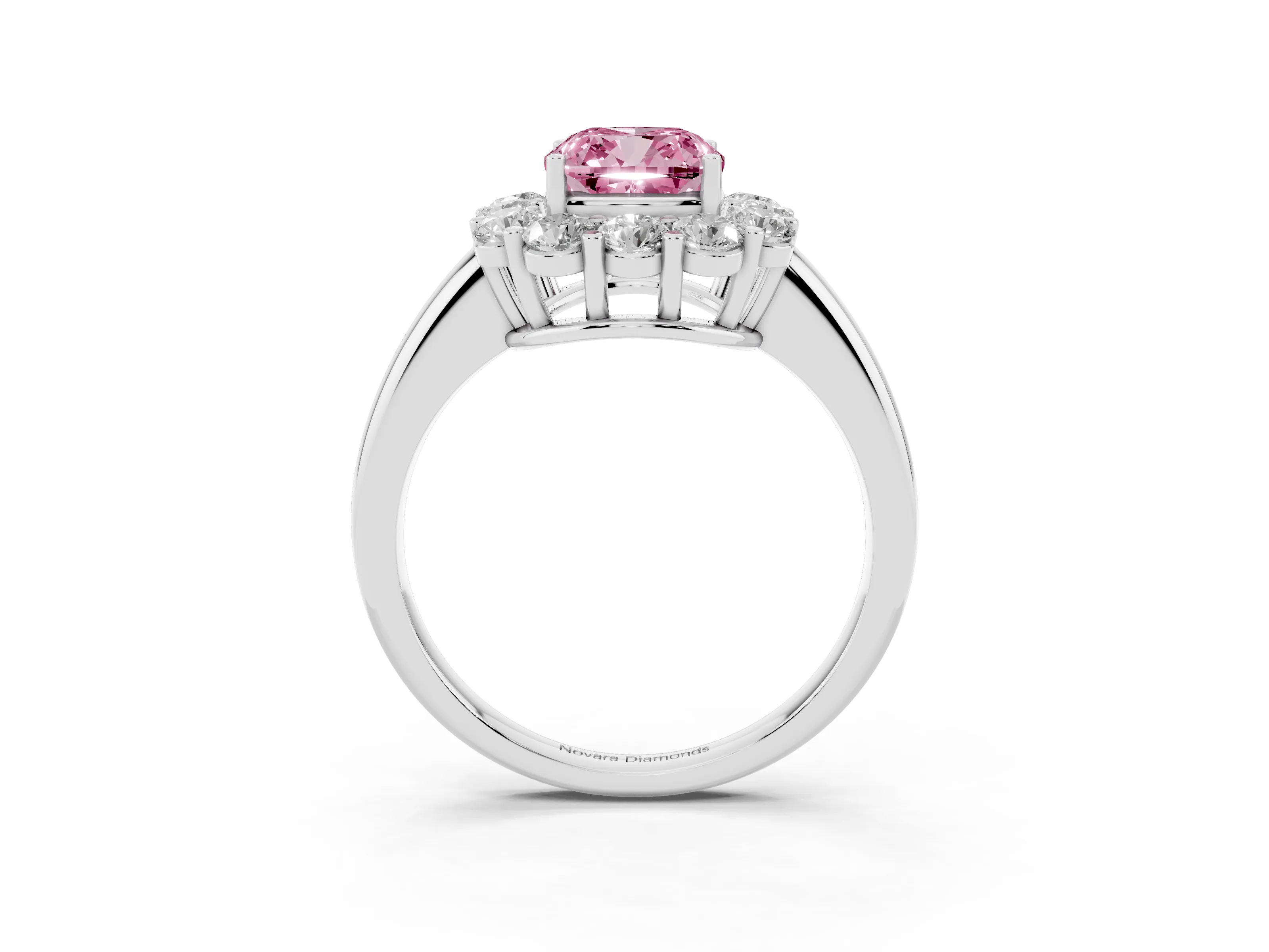 Fancy Pink Cushion Cut Diamond Halo Cluster Engagement Ring Set in White gold with Polished Band and Prong Setting