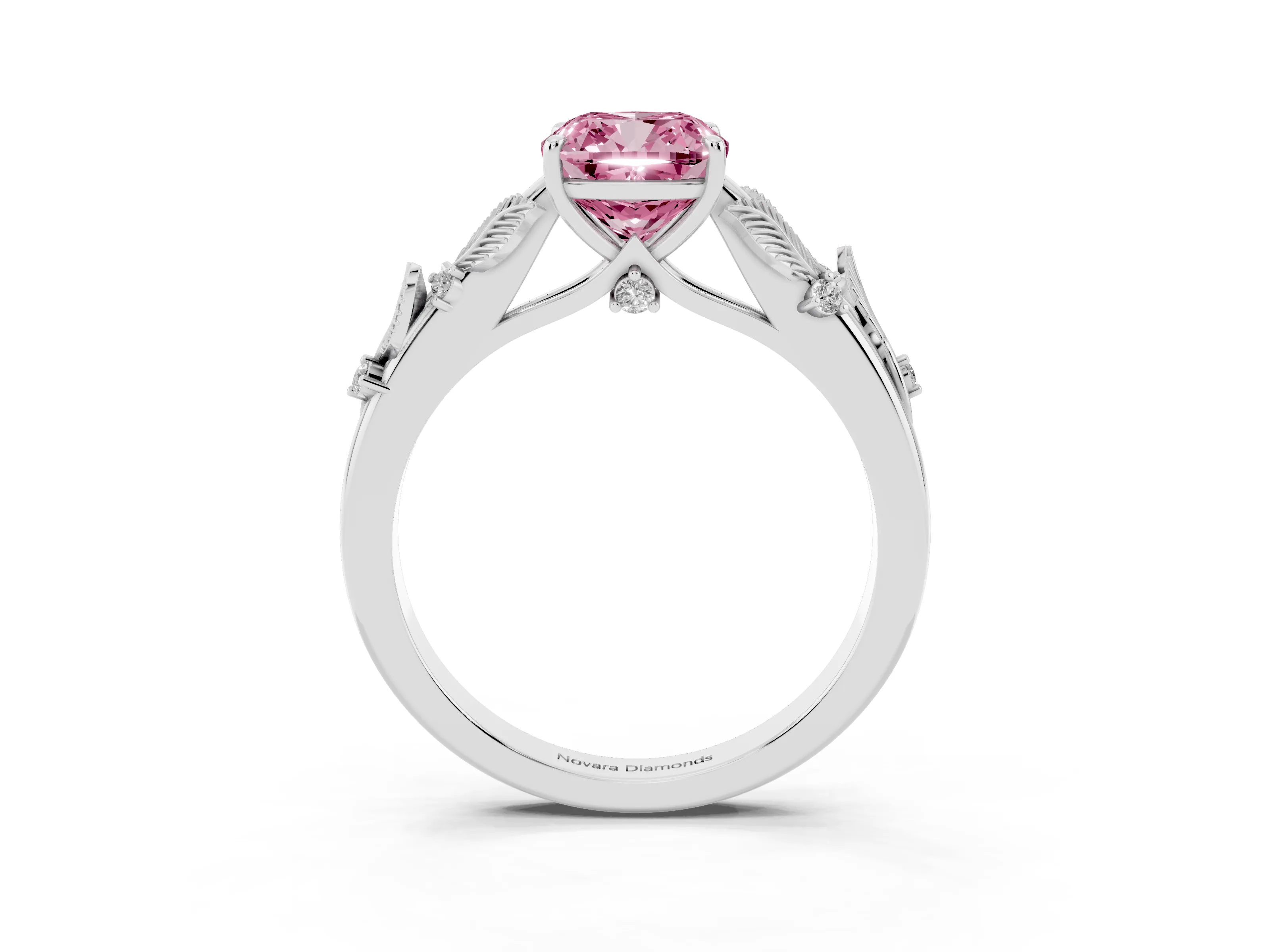 Fancy Pink Cushion Cut Diamond Solitaire Ring Set in Silver with Leaf Motif Band