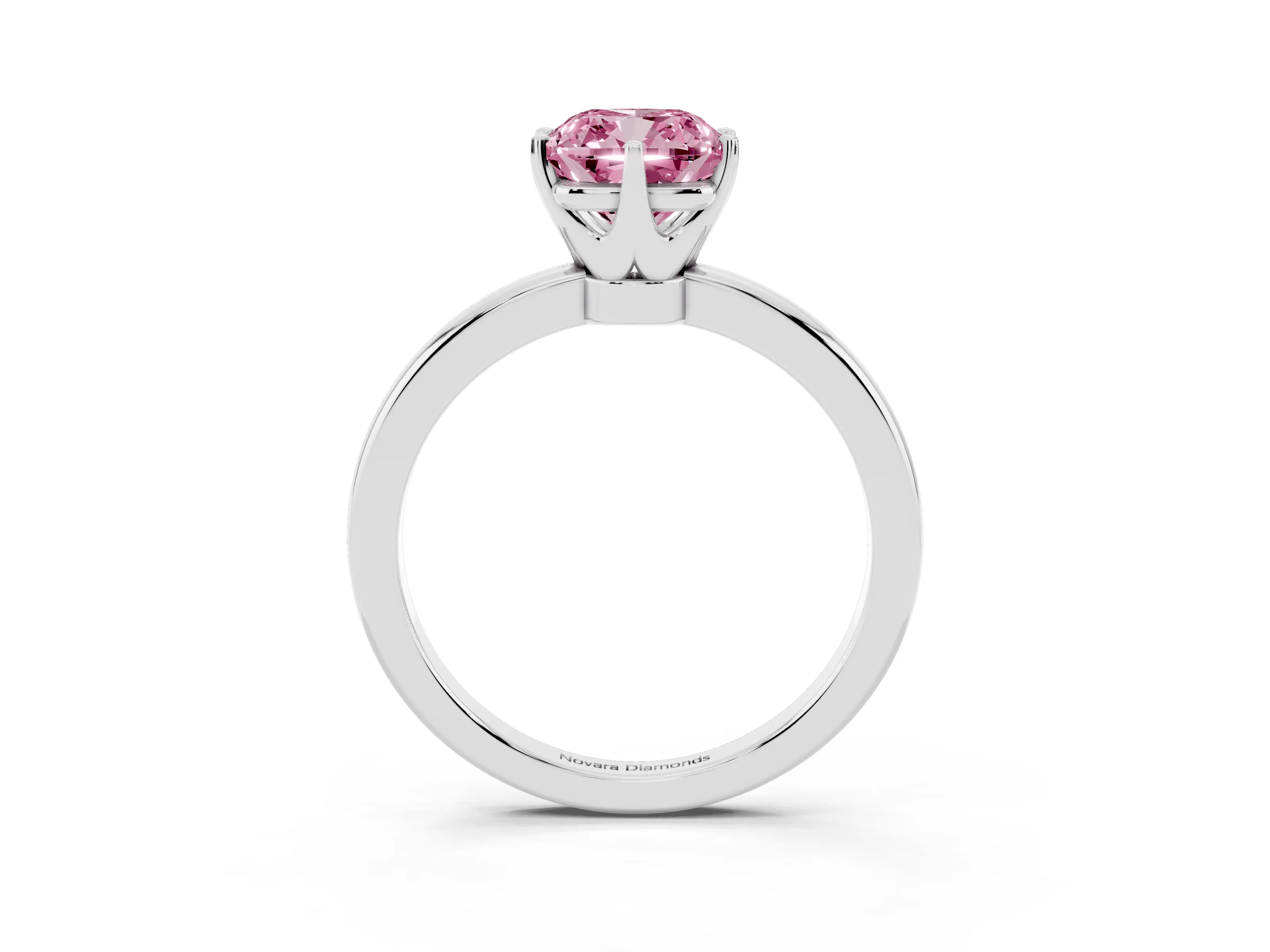 Fancy Pink Cushion Cut Diamond Solitaire Ring Set in Silver with Raised Prong Setting on a Classic Band