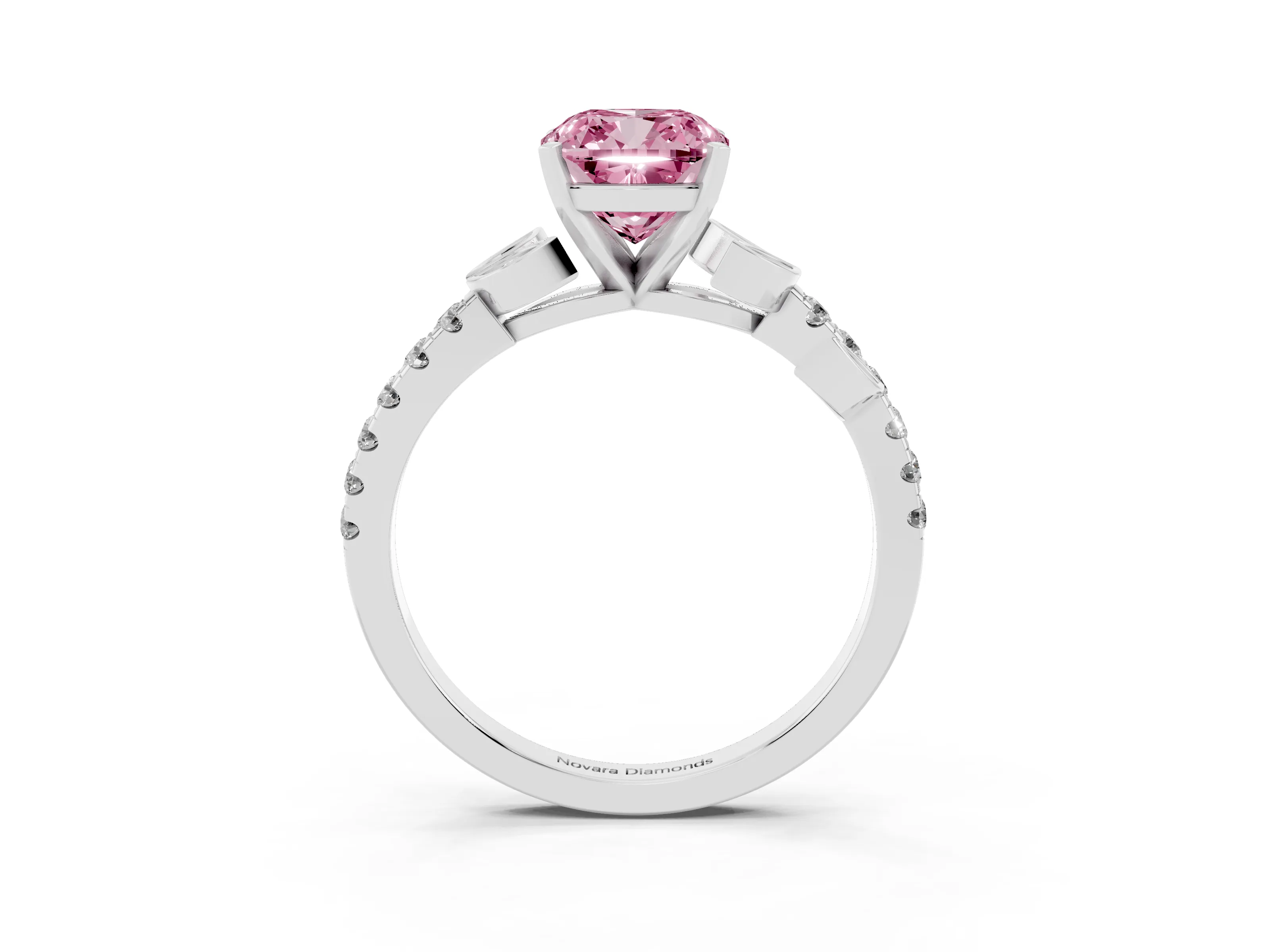 Fancy Pink Cushion Cut Diamond Solitaire Leaf-Inspired Ring Set in Silver with Pavé Band and Prong Setting