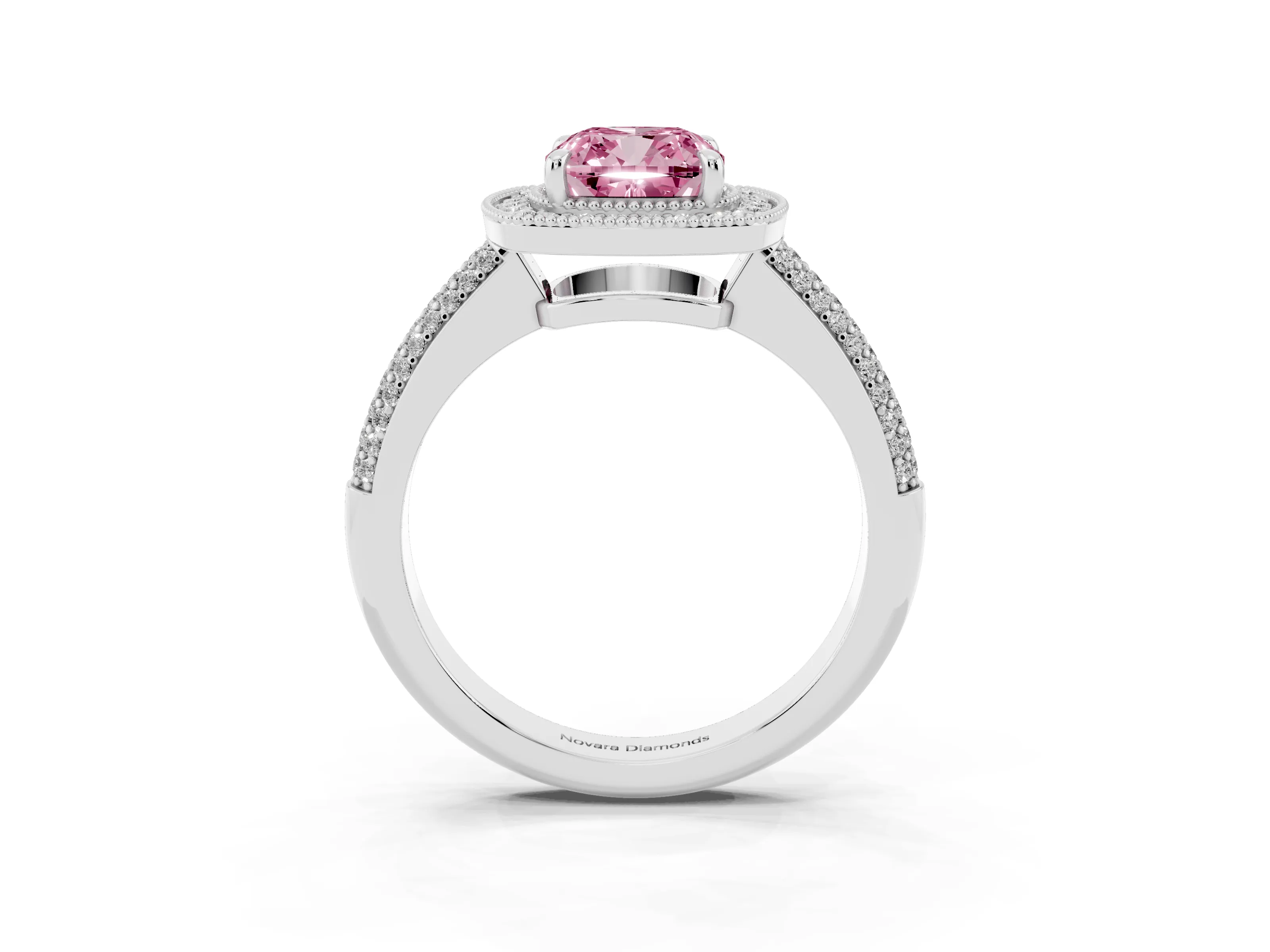 Fancy Pink Cushion Cut Diamond Halo Pavé Band Set in Platinum with Prong Setting