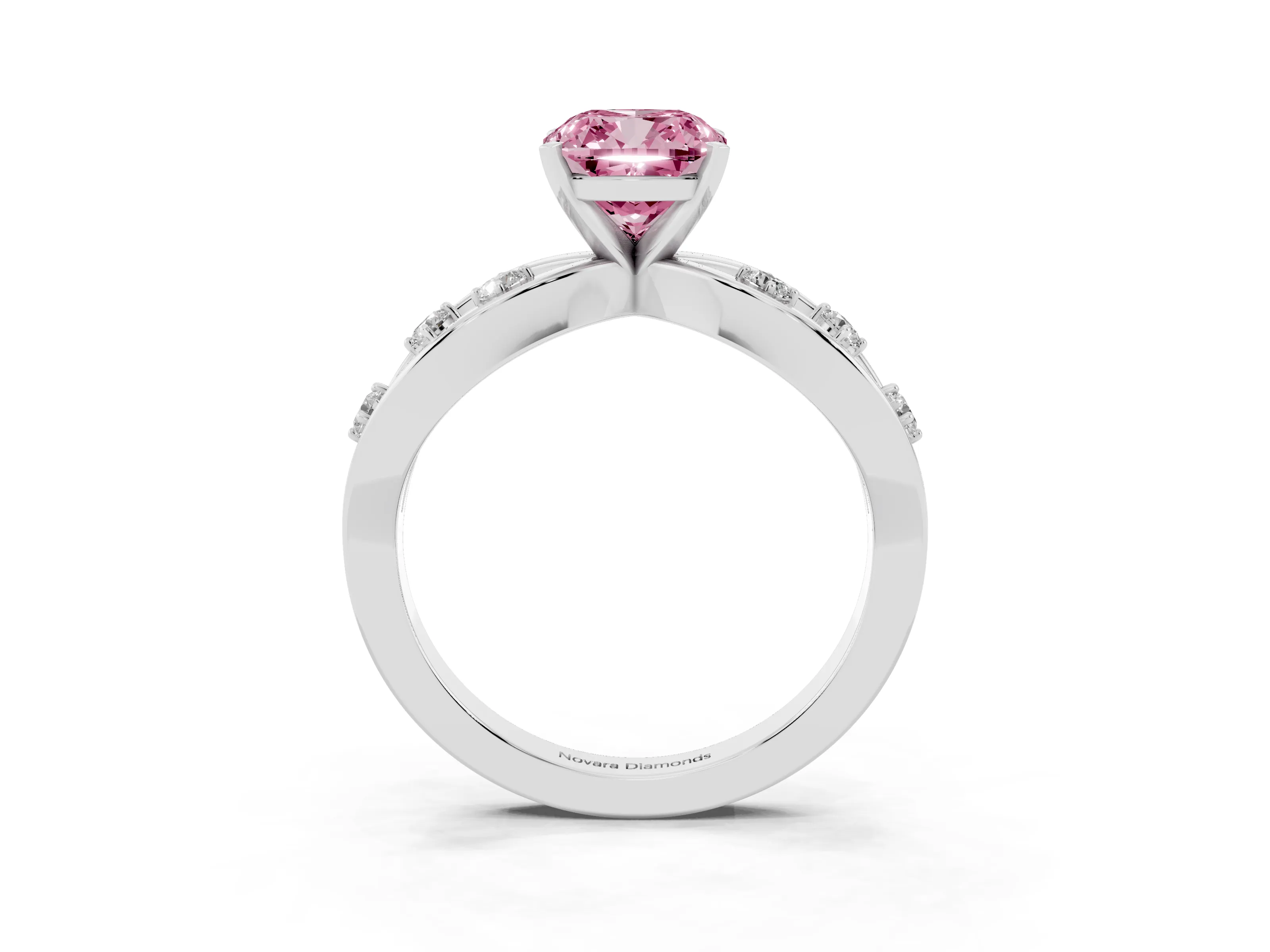 Fancy Pink Cushion Cut Diamond Solitaire Ring Set in Silver with Side Stones on Criss-Cross Band and Prong Setting