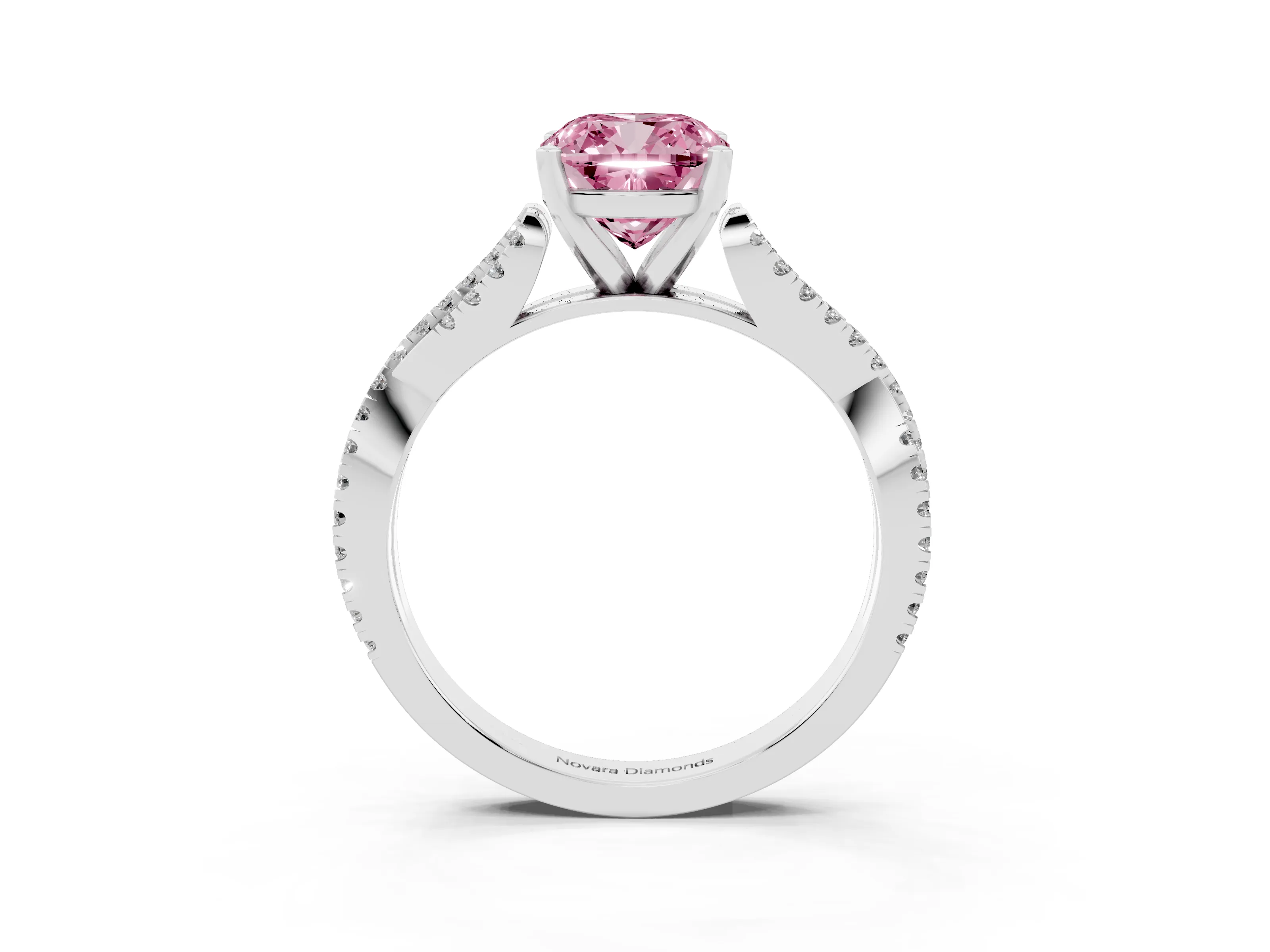 Fancy Pink Cushion Cut Diamond Solitaire Engagement Ring Set in Platinum with Twisted Pavé Band and Prong Setting