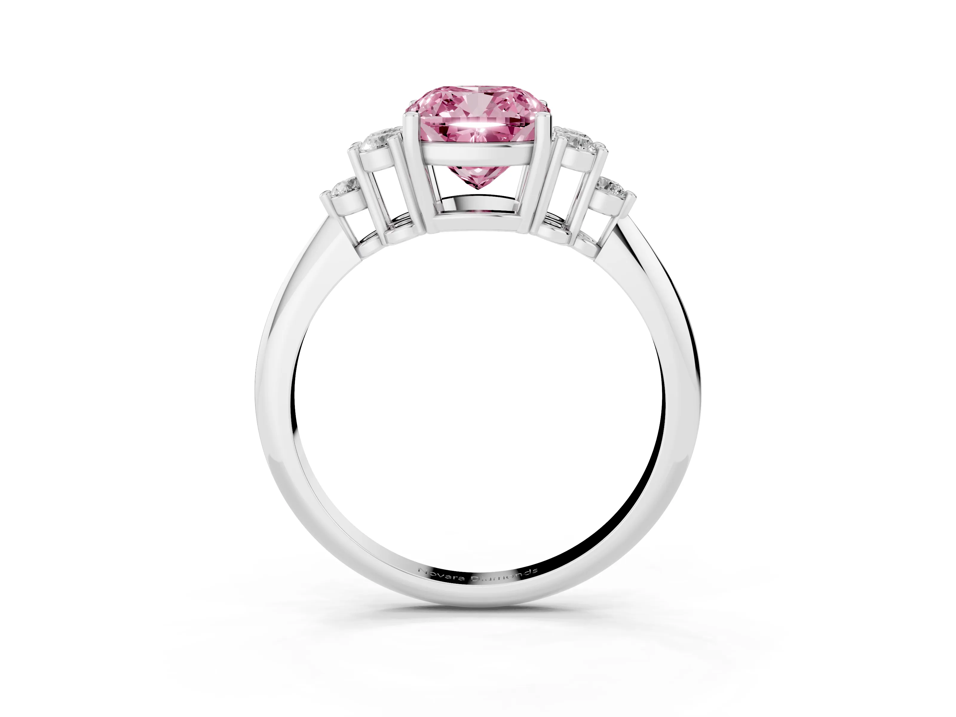 Fancy Pink Cushion Cut Diamond Cluster Ring Set in White gold with Plain Band and Prong Setting