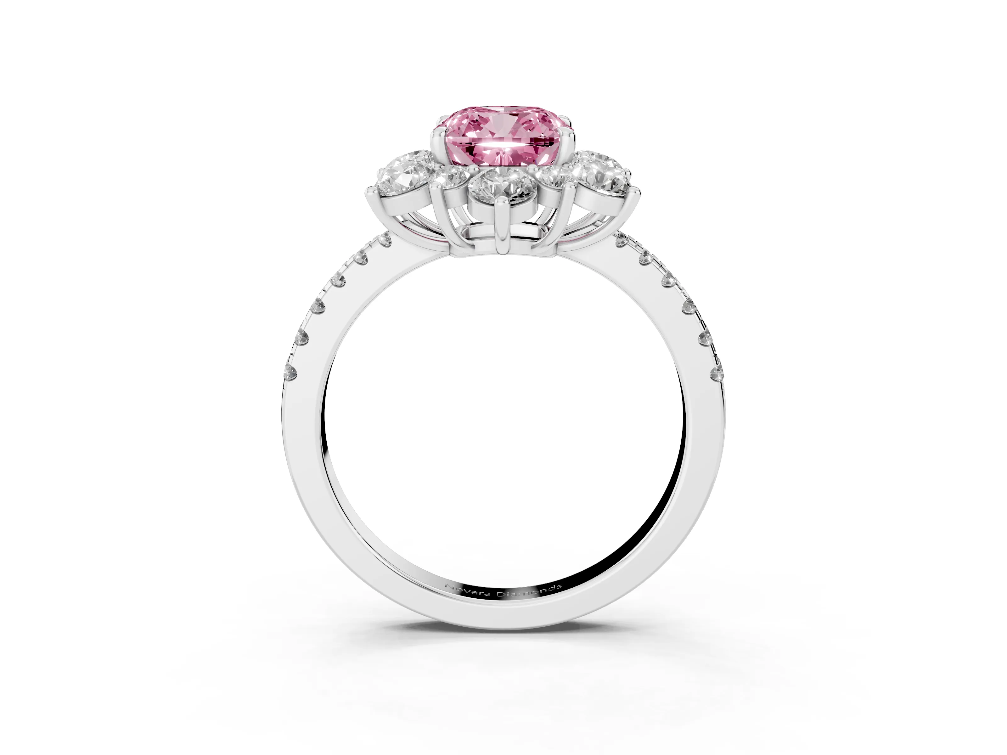 Fancy Pink Cushion Cut Diamond Floral Halo Ring Set in Silver with Round Pavé Band and Prong Setting