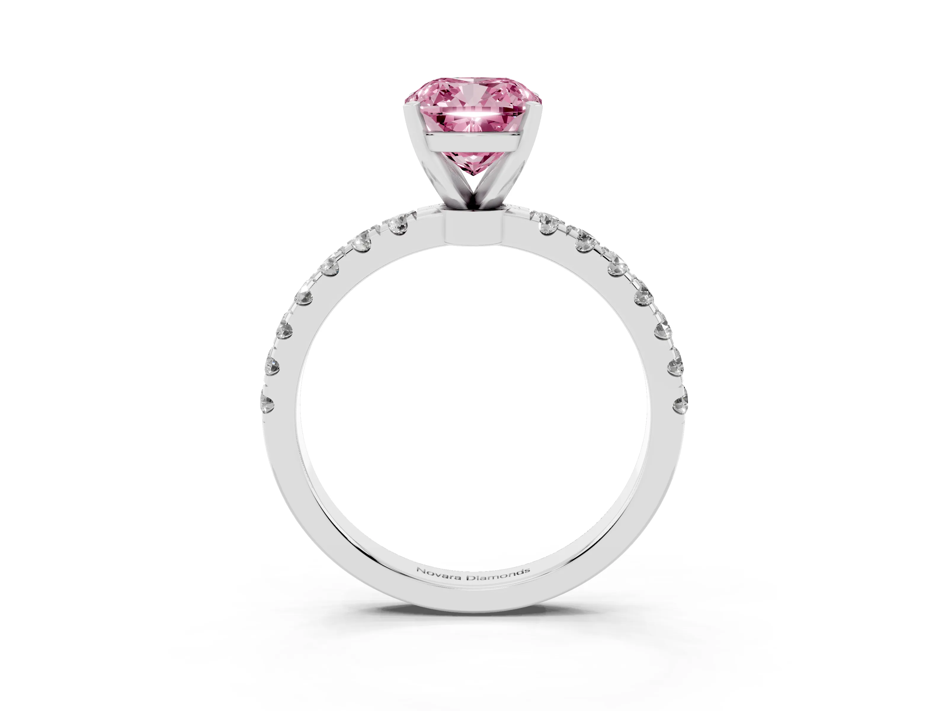 Fancy Pink Cushion Cut Diamond Solitaire Ring Set in Silver with Pavé Accents and Prong Setting