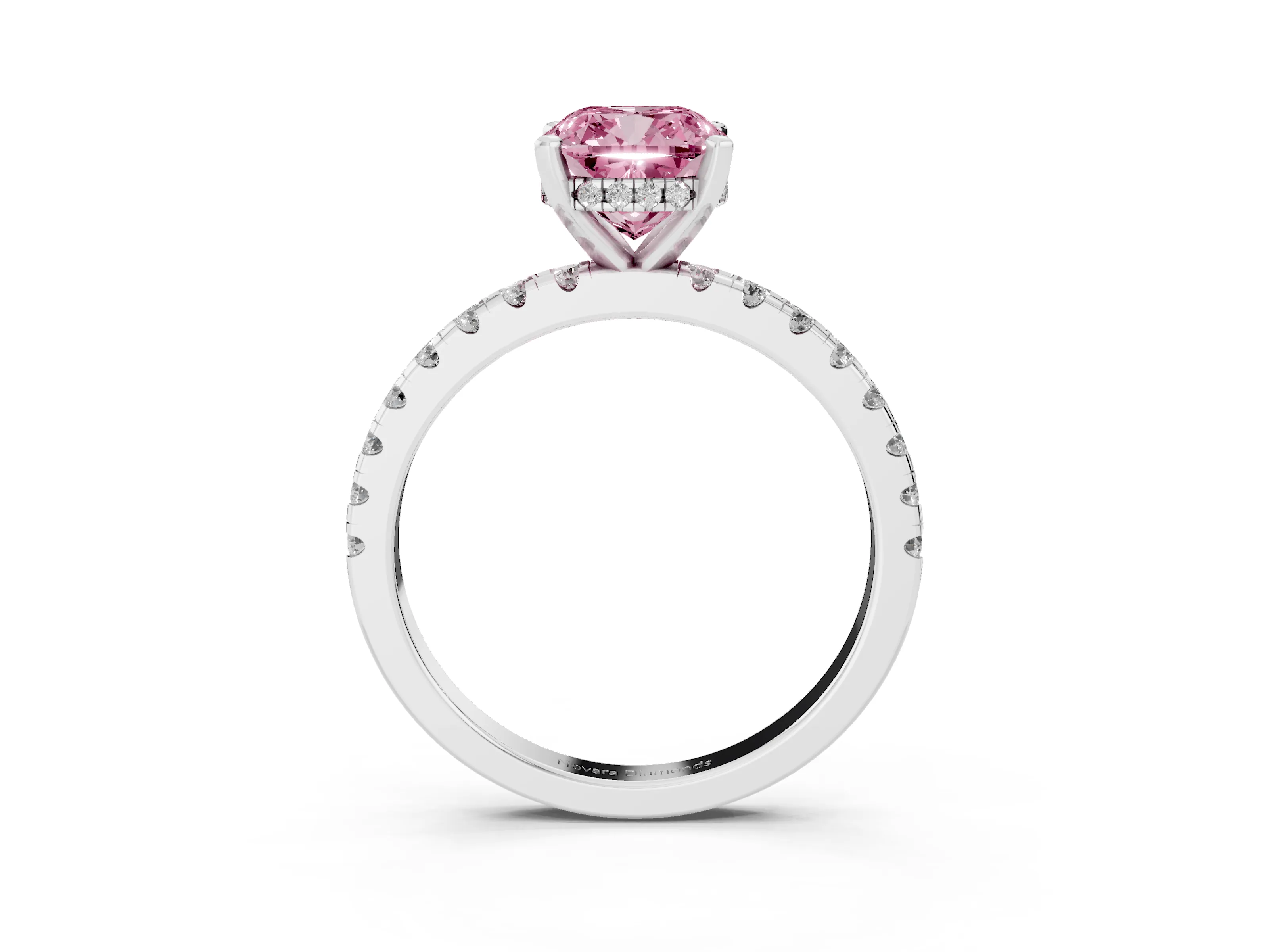 Fancy Pink Cushion Cut Diamond Pavé Solitaire Ring Set in White gold with Round Band Accents and Prong Setting