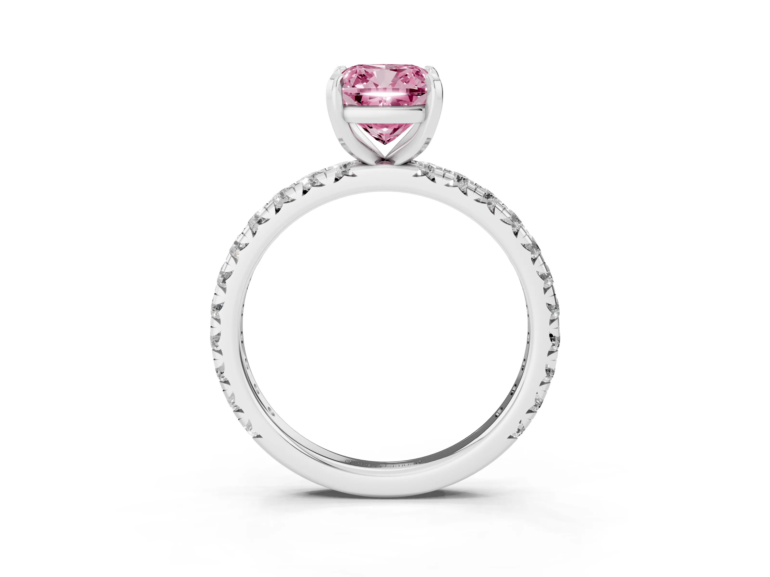 Fancy Pink Cushion Cut Diamond Pavé Solitaire Ring Set in Platinum with Round Band and Prong Setting