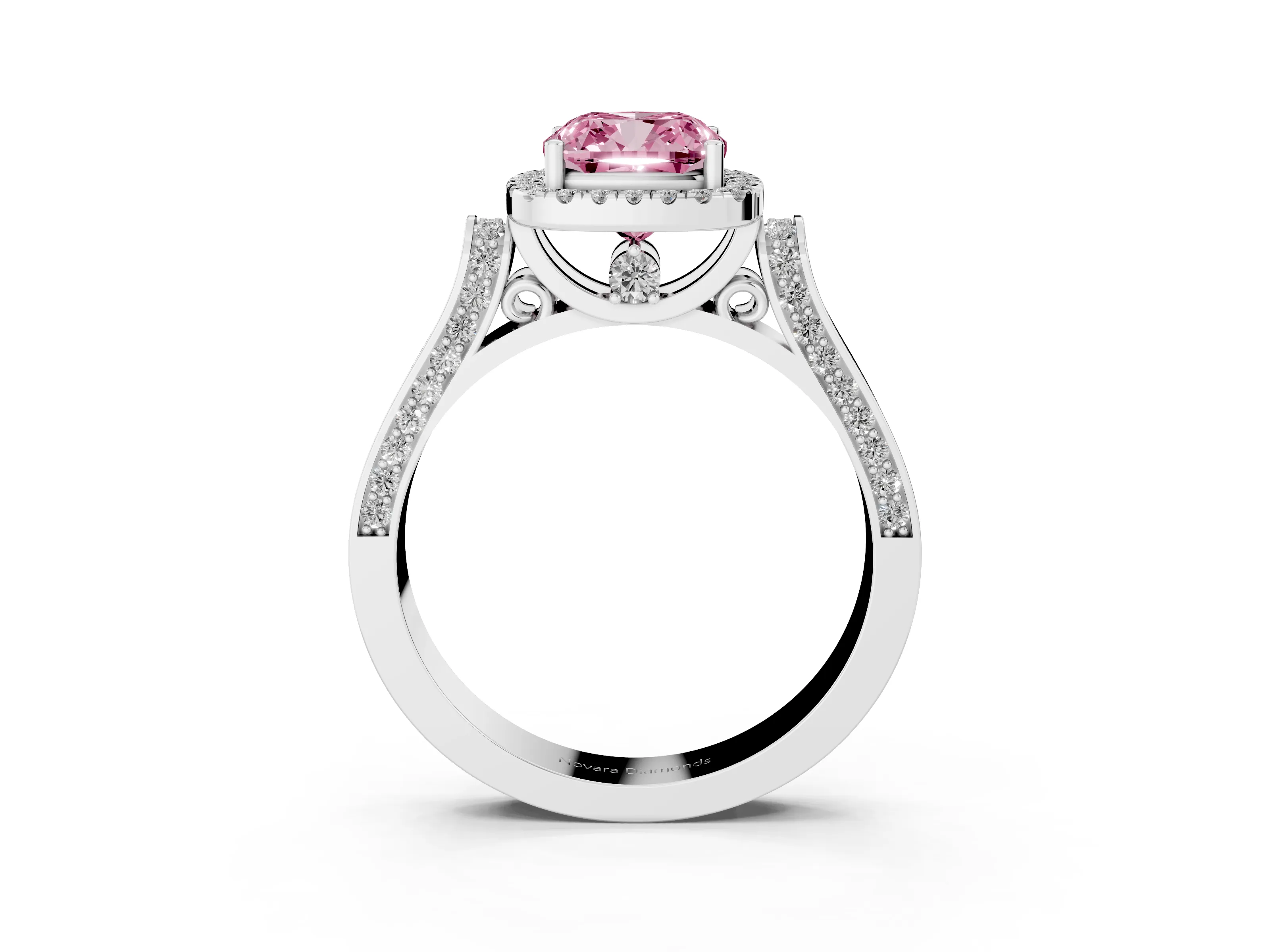 Fancy Pink Cushion Cut Diamond Halo Ring Set in Platinum with Pavé-Lined Split Shank Band