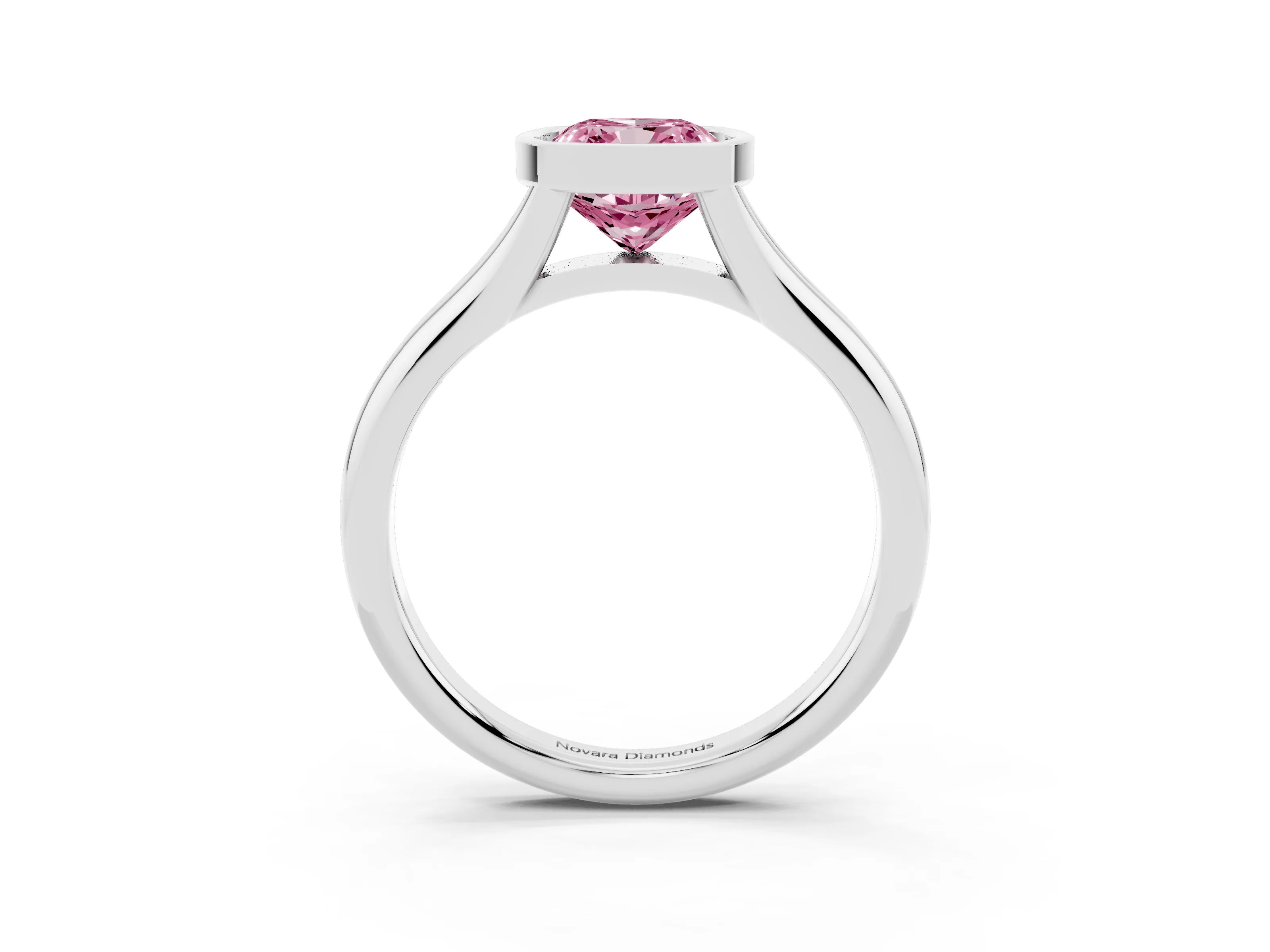 Fancy Pink Bezel Set Cushion Cut Diamond Solitaire Ring Set in Silver with Smooth Band
