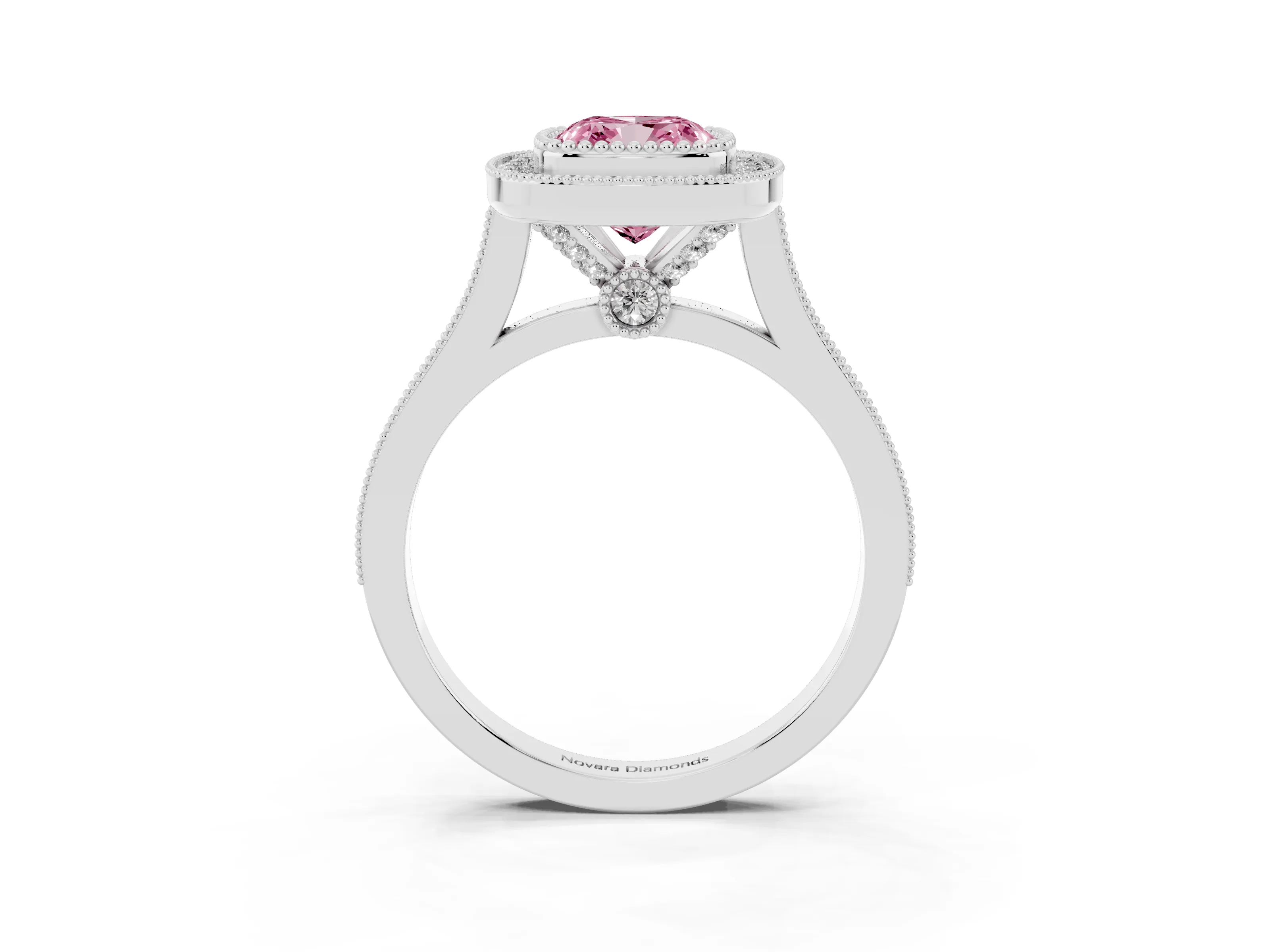 Fancy Pink Cushion Cut Diamond Halo Ring Set in White gold with Milgrain Frame and Pavé Band