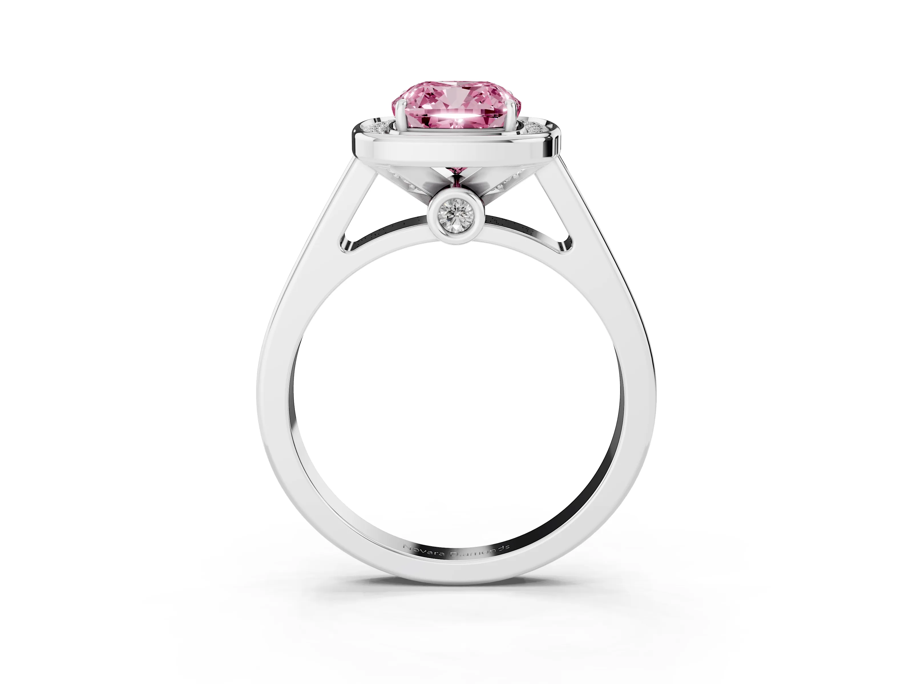 Fancy Pink Cushion Cut Diamond Halo Solitaire Ring Set in Platinum with Pavé Band and Bezel Setting