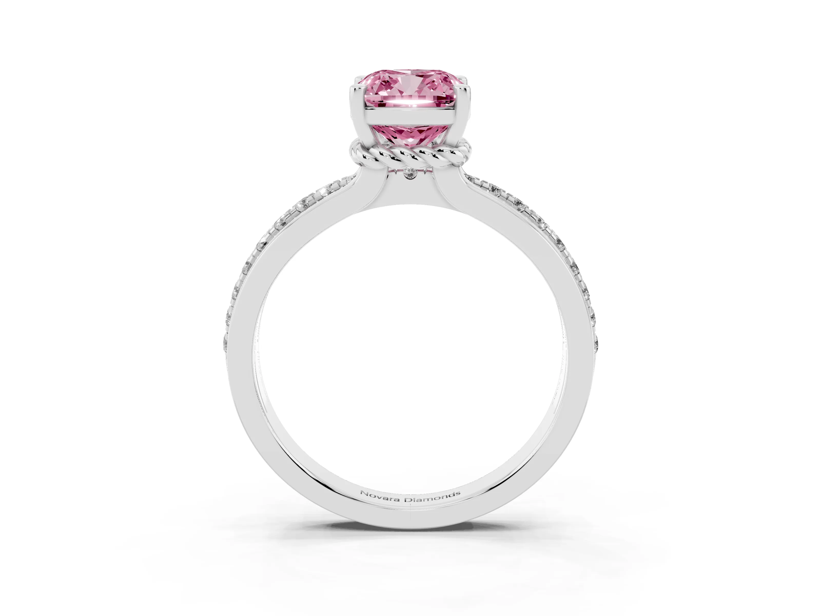 Fancy Pink Cushion Cut Diamond Solitaire Ring Set in Silver with Channel Set Band and Prong Setting