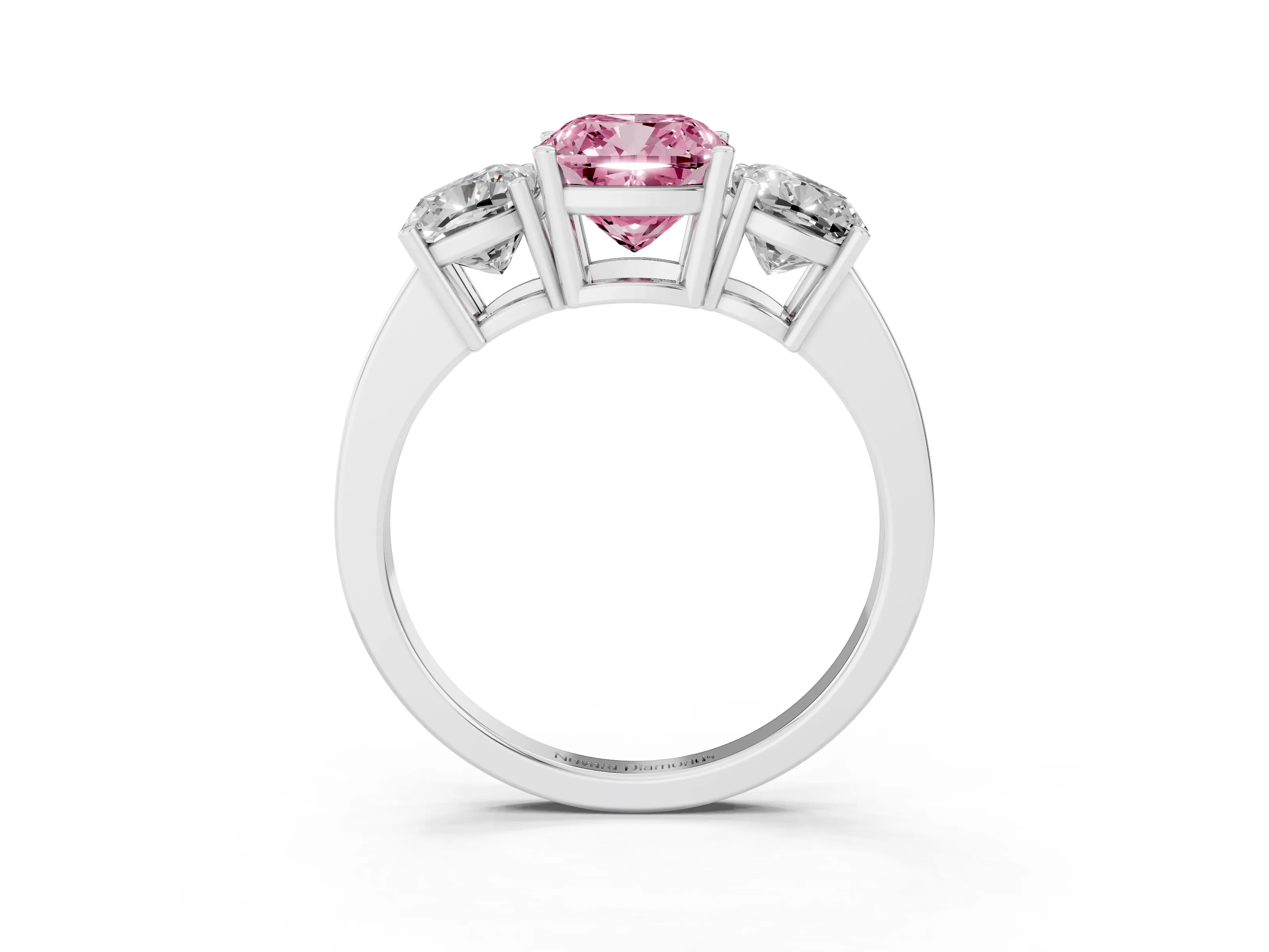 Fancy Pink Cushion Cut Diamond Three-Stone Engagement Ring Set in Silver with Flat Band