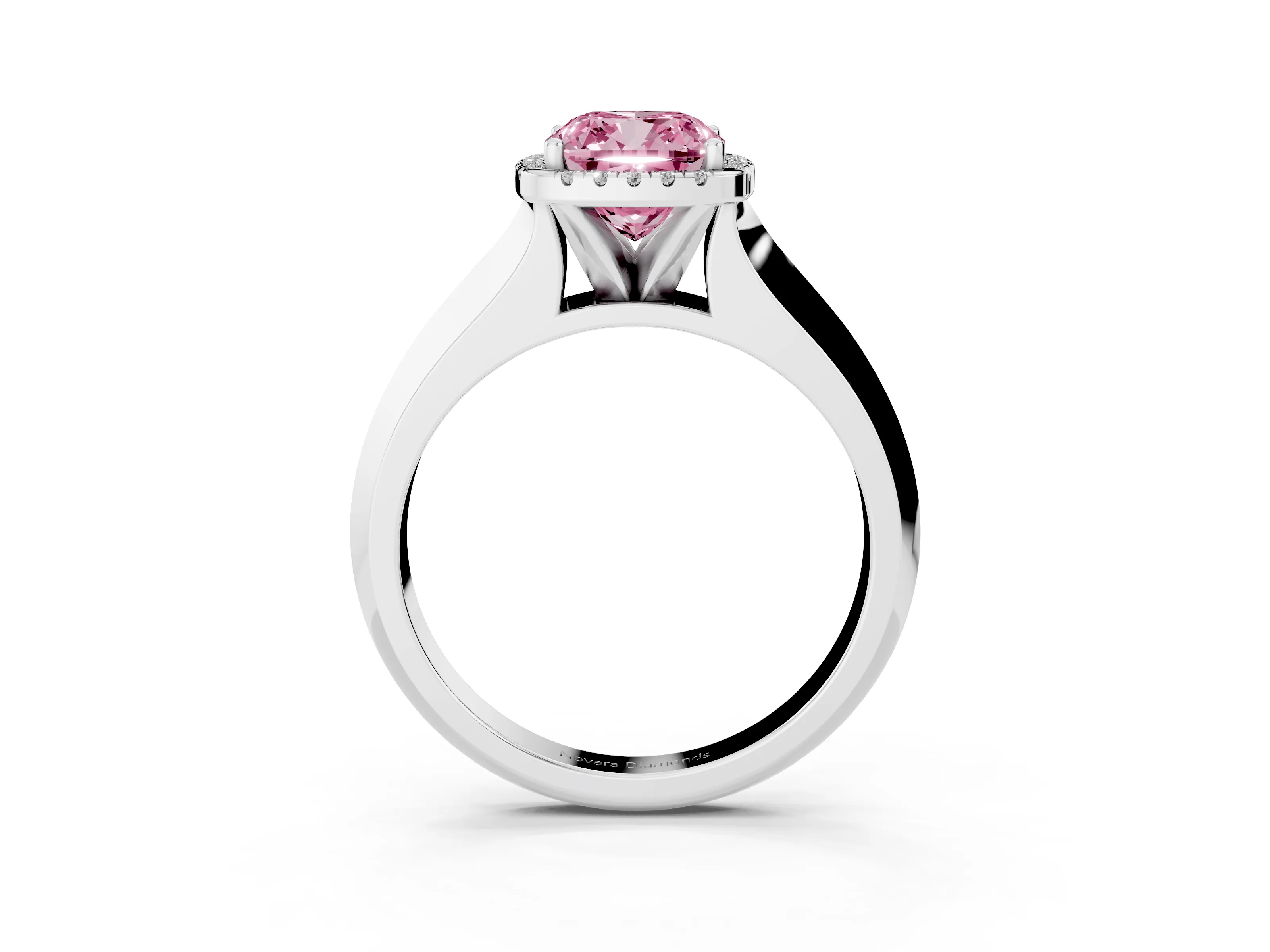 Fancy Pink Cushion Cut Diamond Halo Ring Set in Platinum with Cathedral Band and Prong Setting