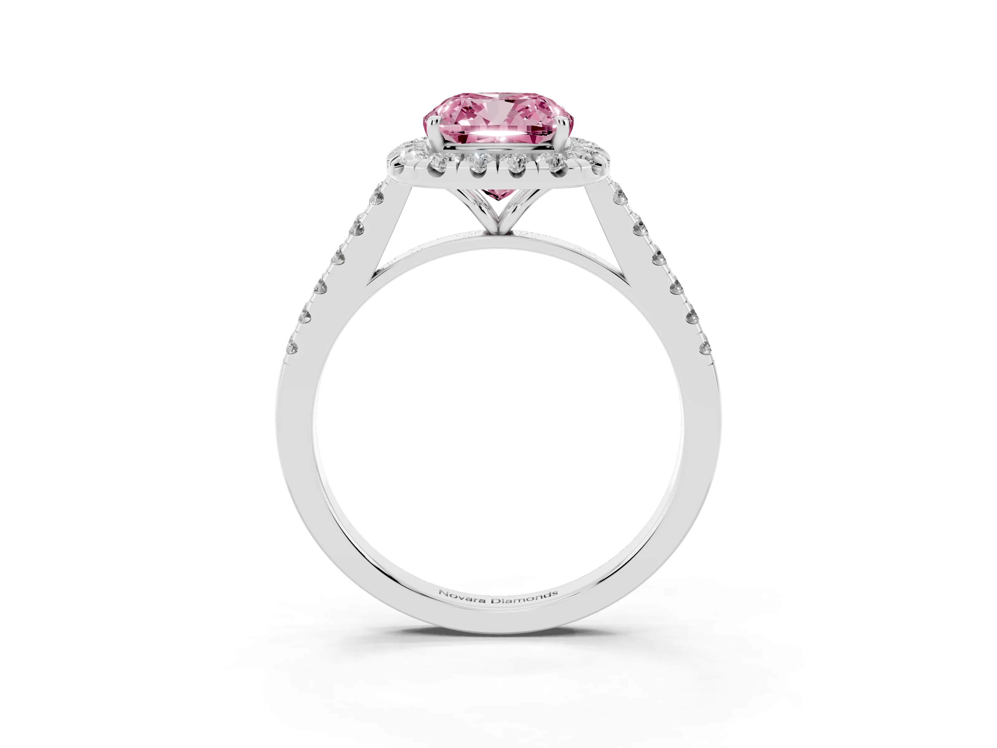 Fancy Pink Cushion Cut Diamond Halo Pavé Engagement Ring Set in White gold with Prong Setting