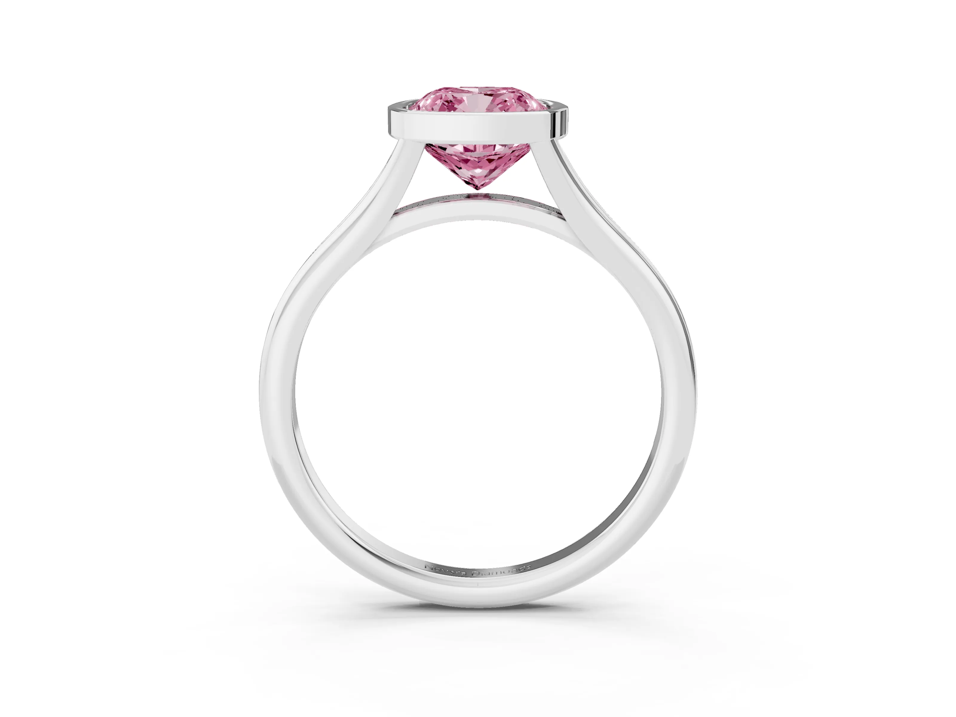 Fancy Pink Bezel Set Cushion Cut Diamond Solitaire Ring Set in Silver with Tapered Band