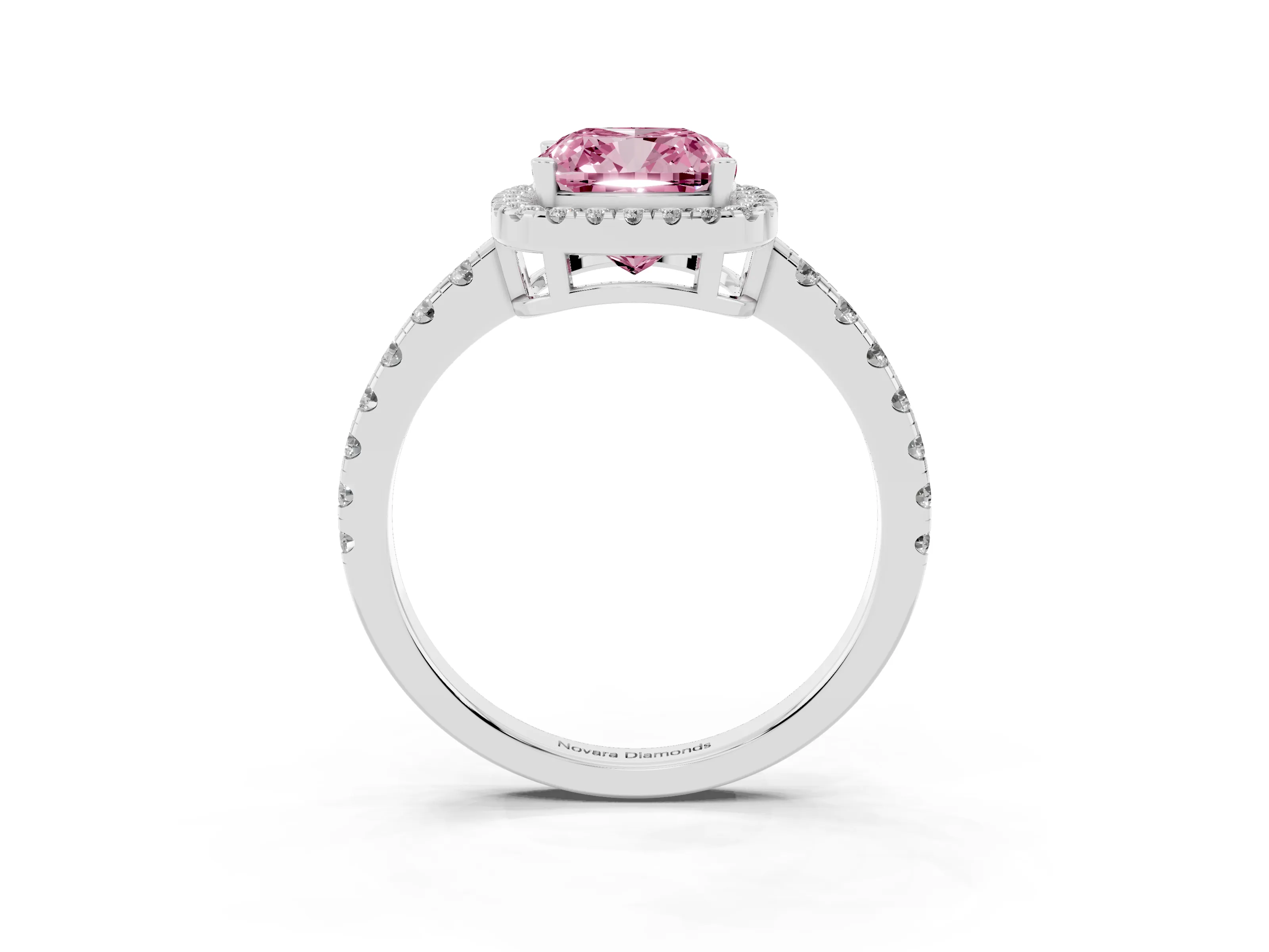Fancy Pink Cushion Cut Diamond Halo Ring Set in Silver with Delicate Pavé Band and Prong Setting