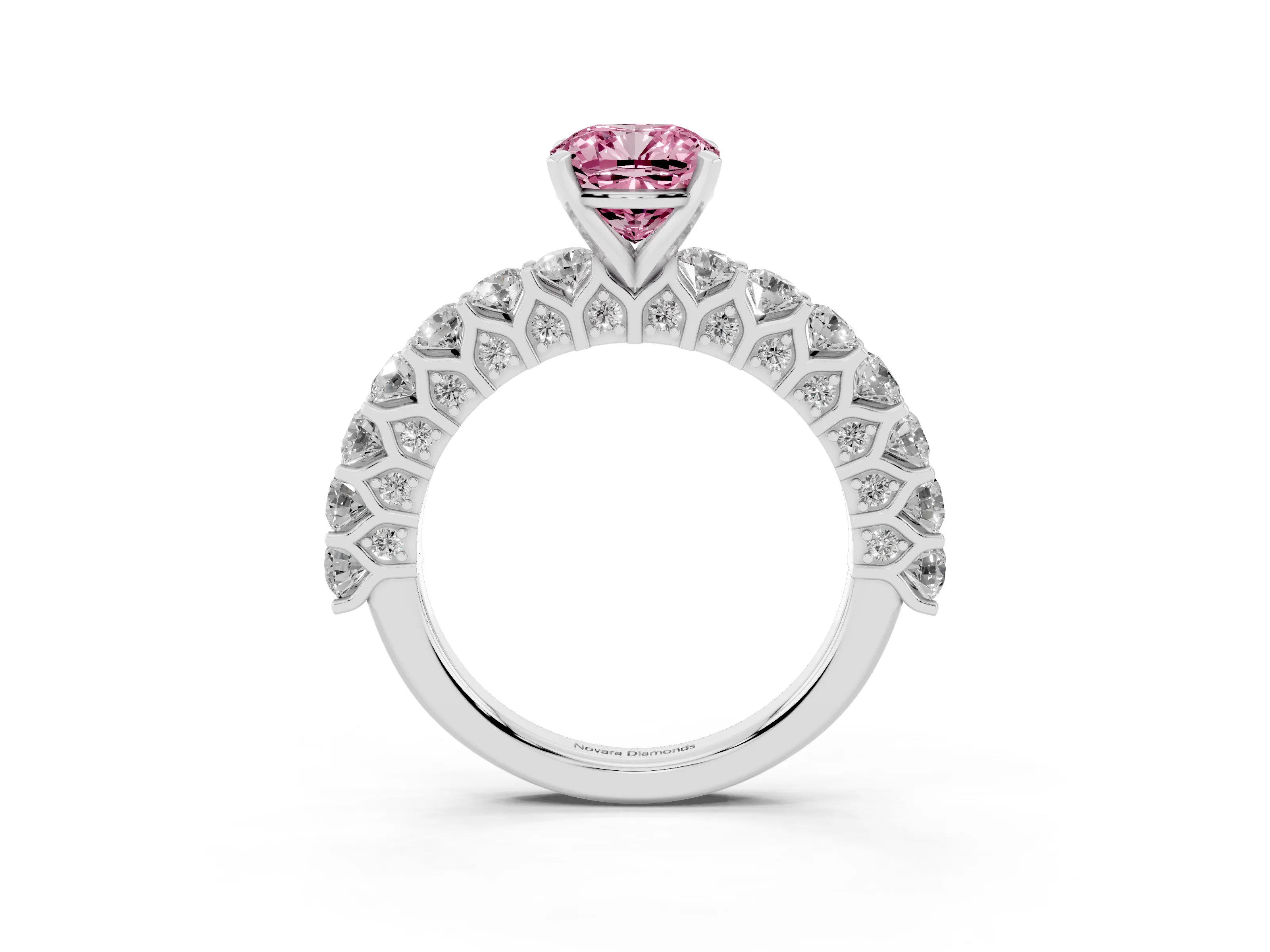 Fancy Pink Cushion Cut Diamond Solitaire Ring Set in Silver with Shared Prong Pavé Band