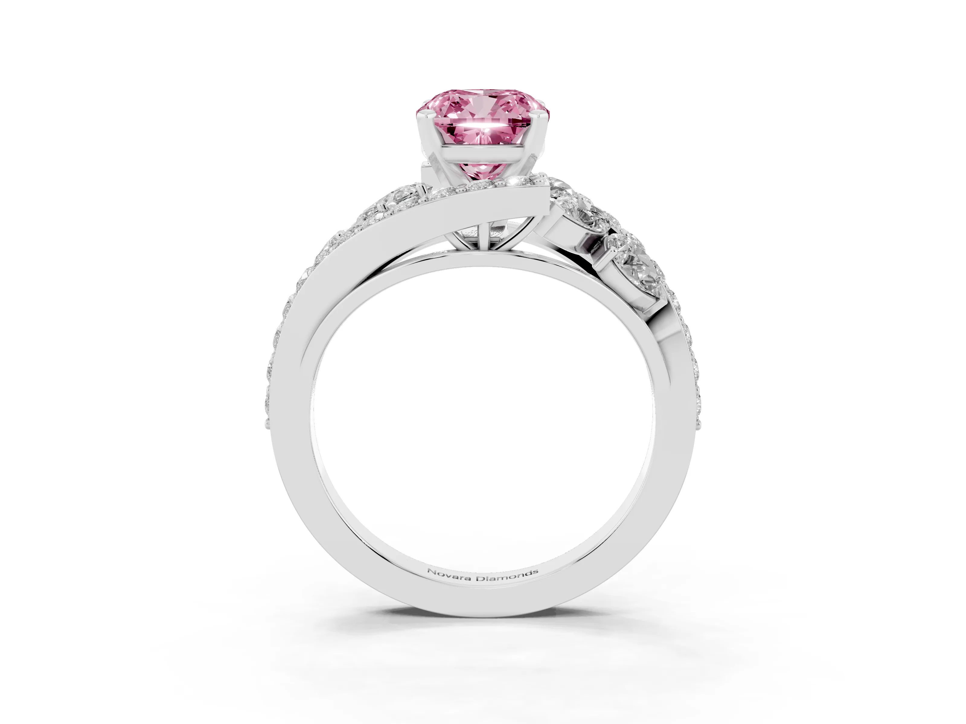 Fancy Pink Cushion Cut Diamond Halo Ring Set in Platinum with Marquise and Pavé Band in Prong Setting